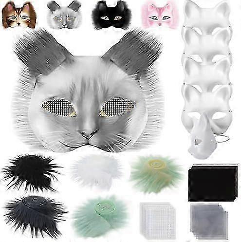 Cat Mask with Fur and Net Eye, DIY Blank Paper Masks, White Painting Paper Masks, Cat Mask for DIY Halloween Mardi Gras Party