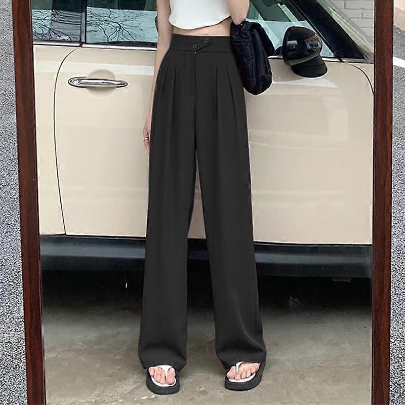 VONDA Women Casual Elastic Waist Solid Color Straight Trousers