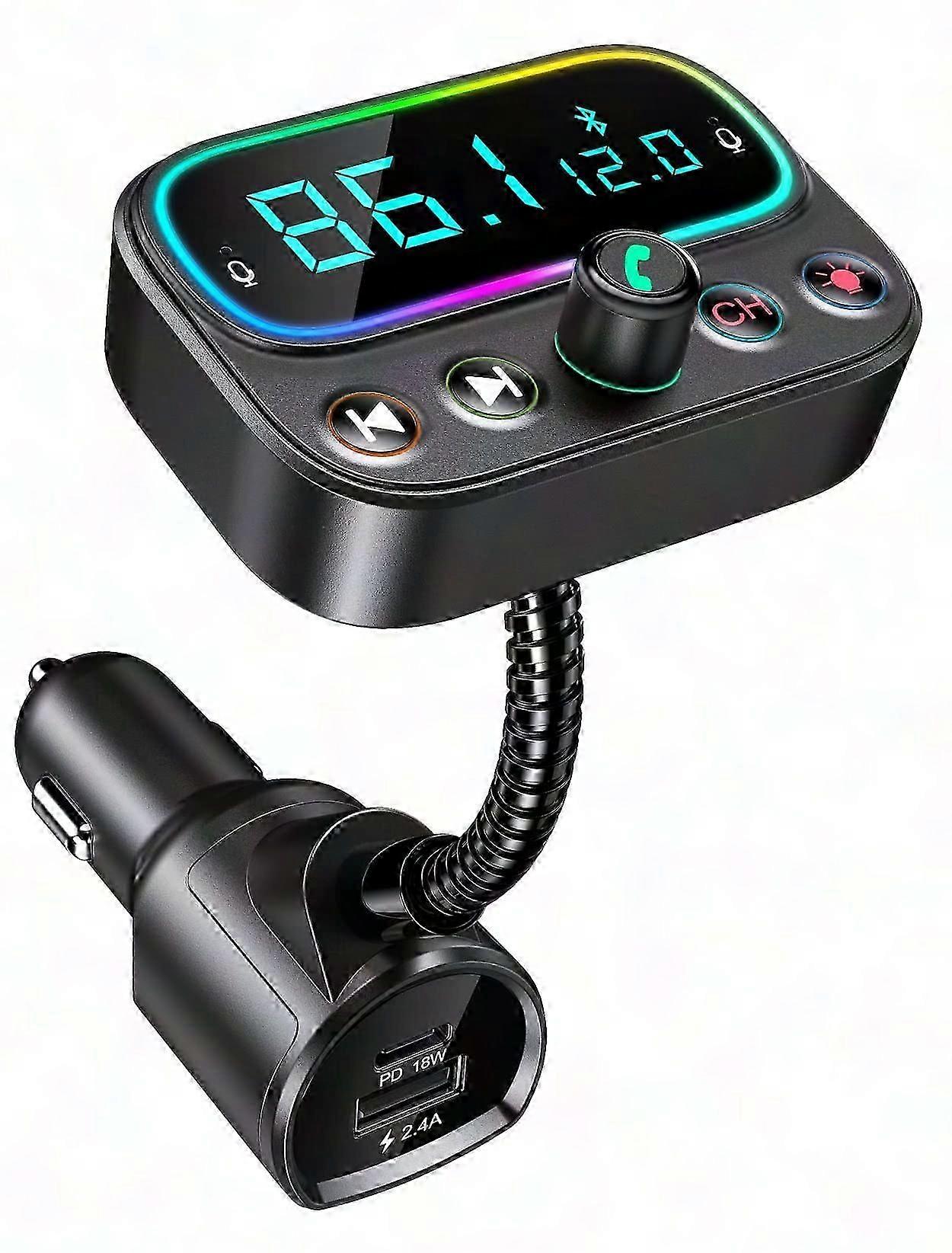 Car Bluetooth FM Transmitter 5.0 with 18W USB C Fast Charger, 9 Color Backlight Radio Receiver Adapter for Cars