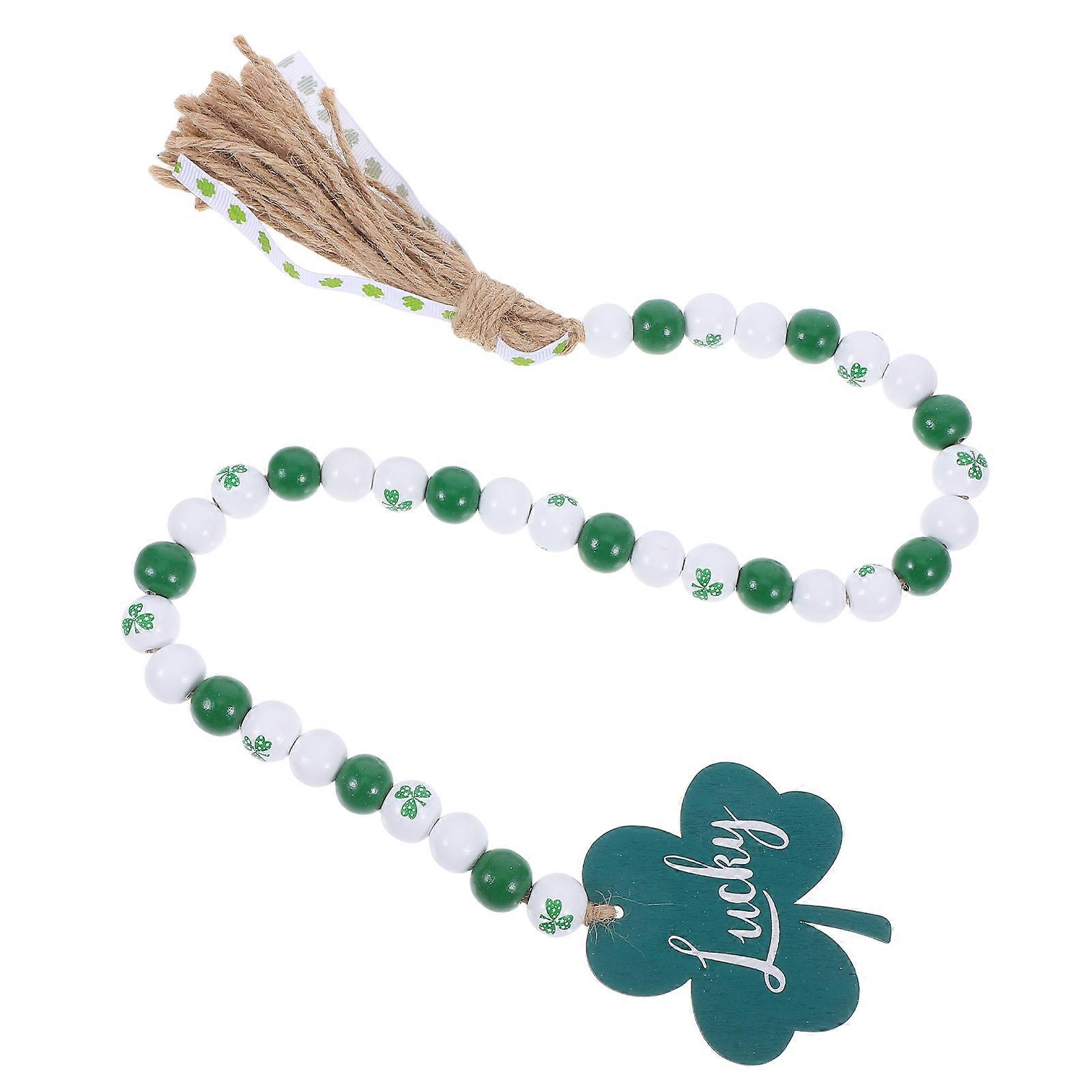 St Patrick's Day Garland with Wood Beads Tassels and Hanging Shamrock Decoration