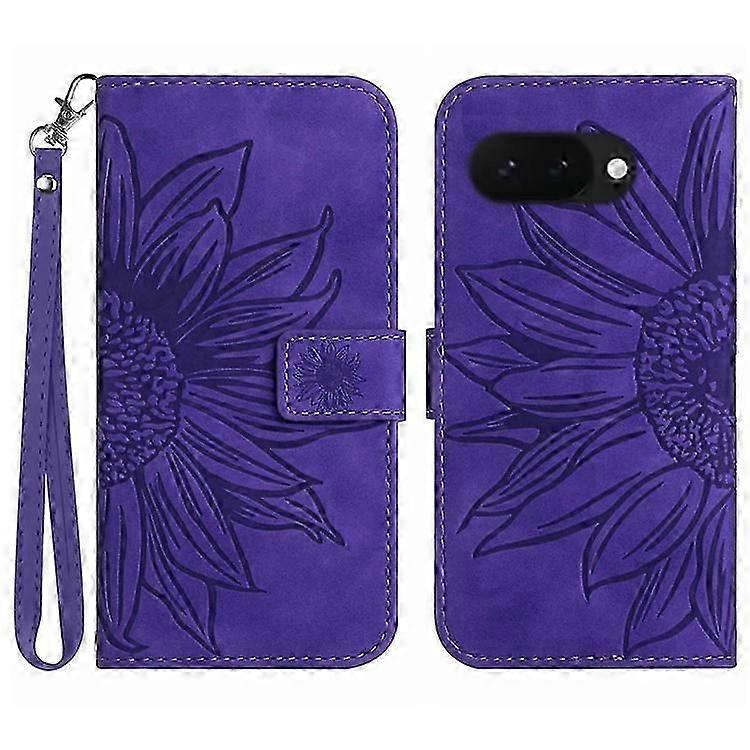 HT04 Compatible For Google Pixel 9a Case Sunflower Imprint Leather Wallet Phone Cover with Wrist Strap