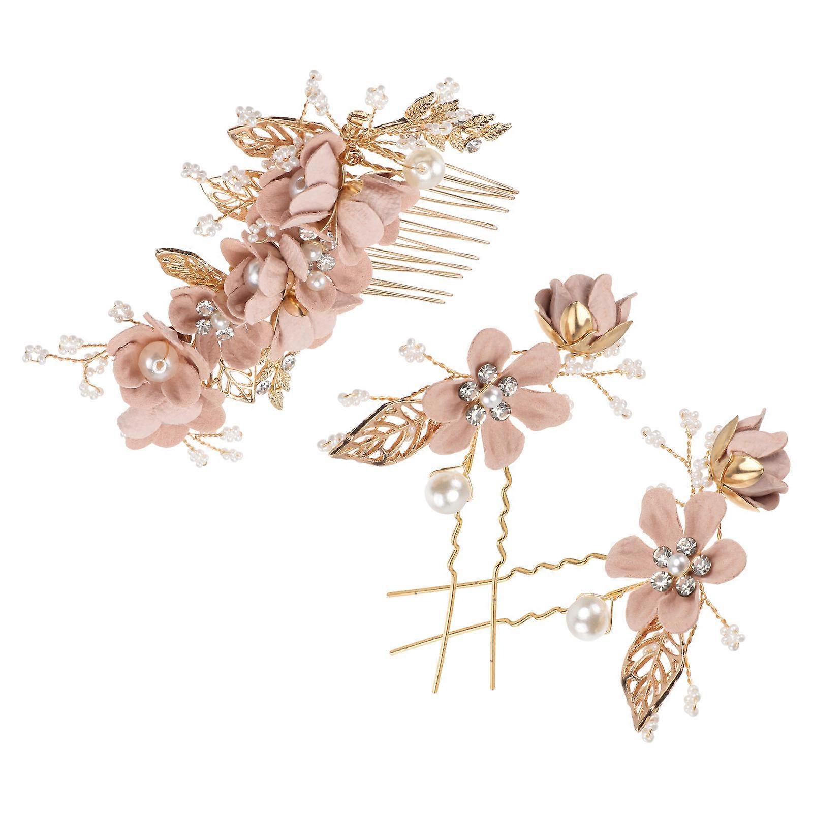 Elegant Wedding Hair Comb with Rhinestones and Metal for Bride Accessories Pink 3Pcs