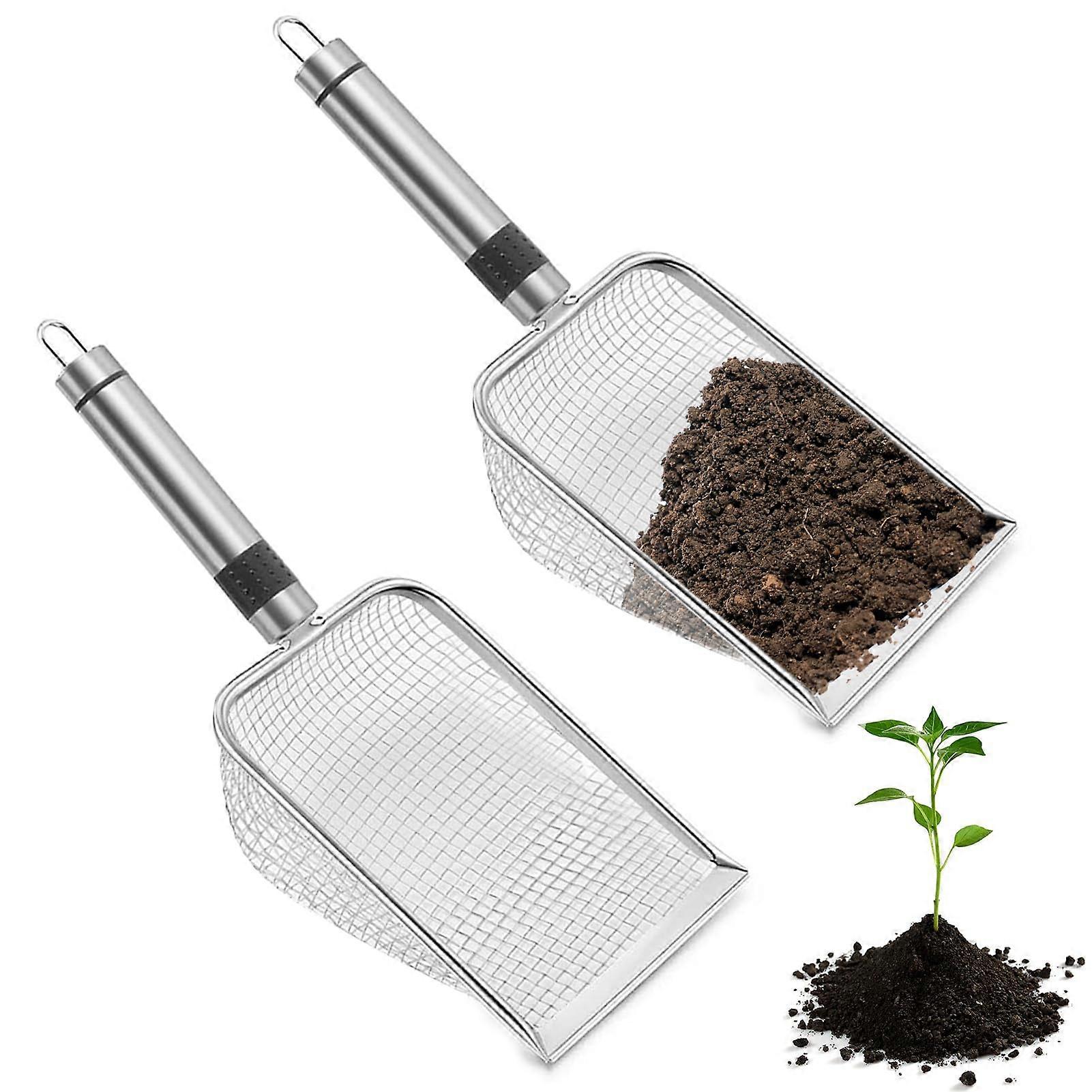 Garden Sieve Set of 2, Stainless Steel Compost Sieve with Handle, Soil Strainer for Gardening and Cat Litter Cleaning