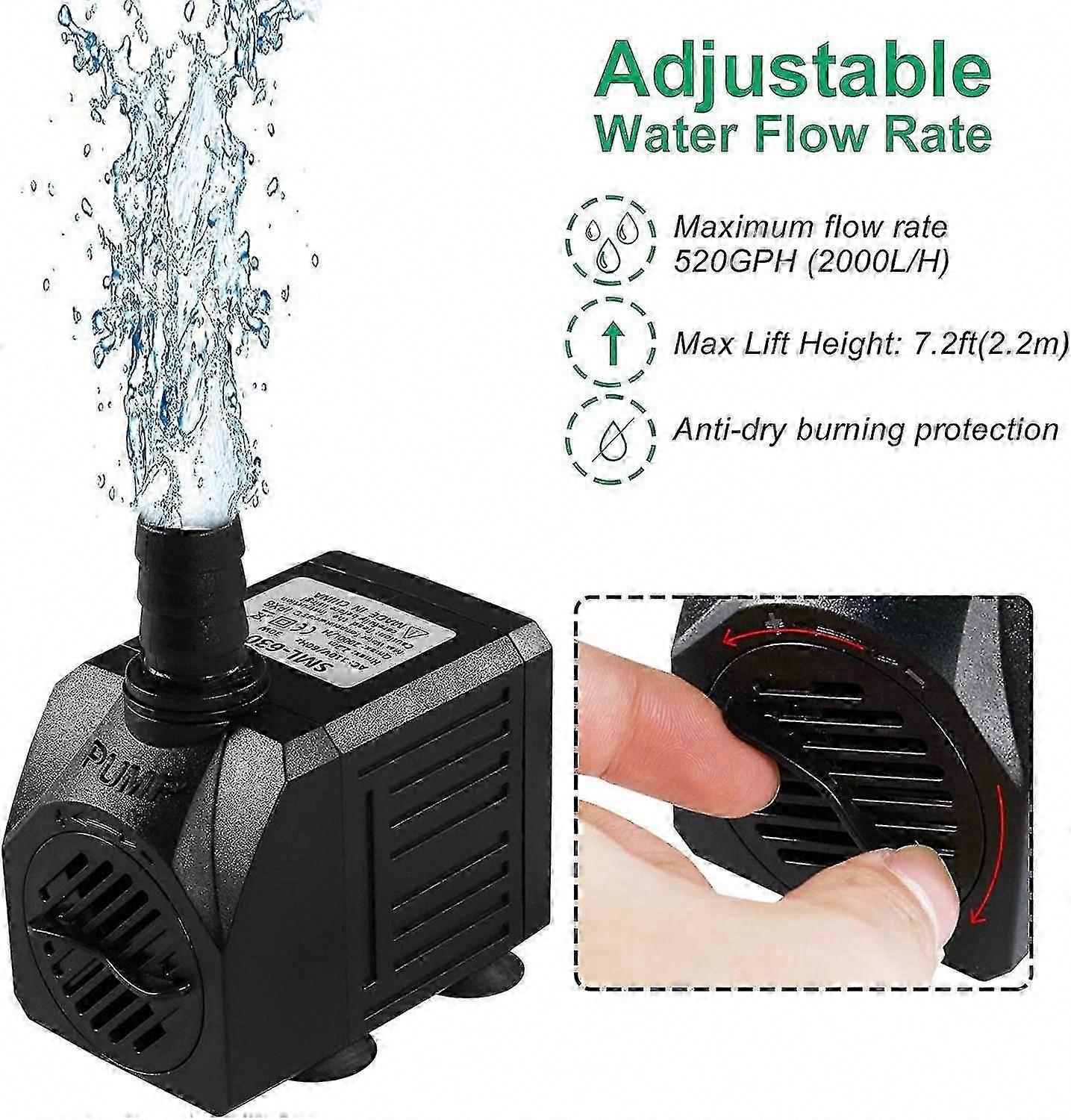 مضخة نافورة غاطسة 150GPH ، 8W 600L / H مضخة مياه خارجية هادئة مع خرطوم 3.3 قدم ، 2 فوهات للبركة ، نافورة صغيرة