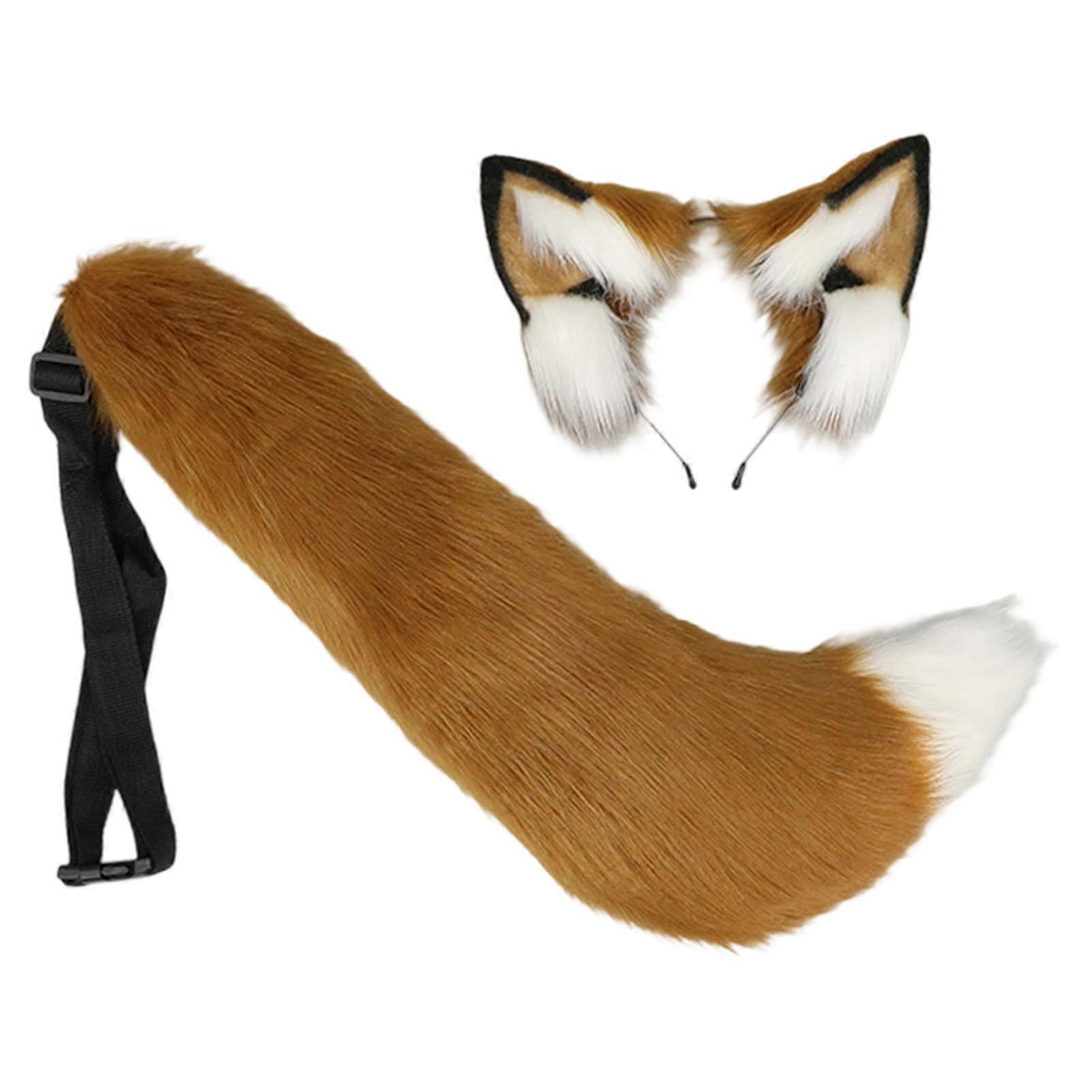 Soft Foxes Ears Headbands With Furry Tail Halloween Party Accessory Comfortable Hair Ornament For Cosplay Event  Camel white