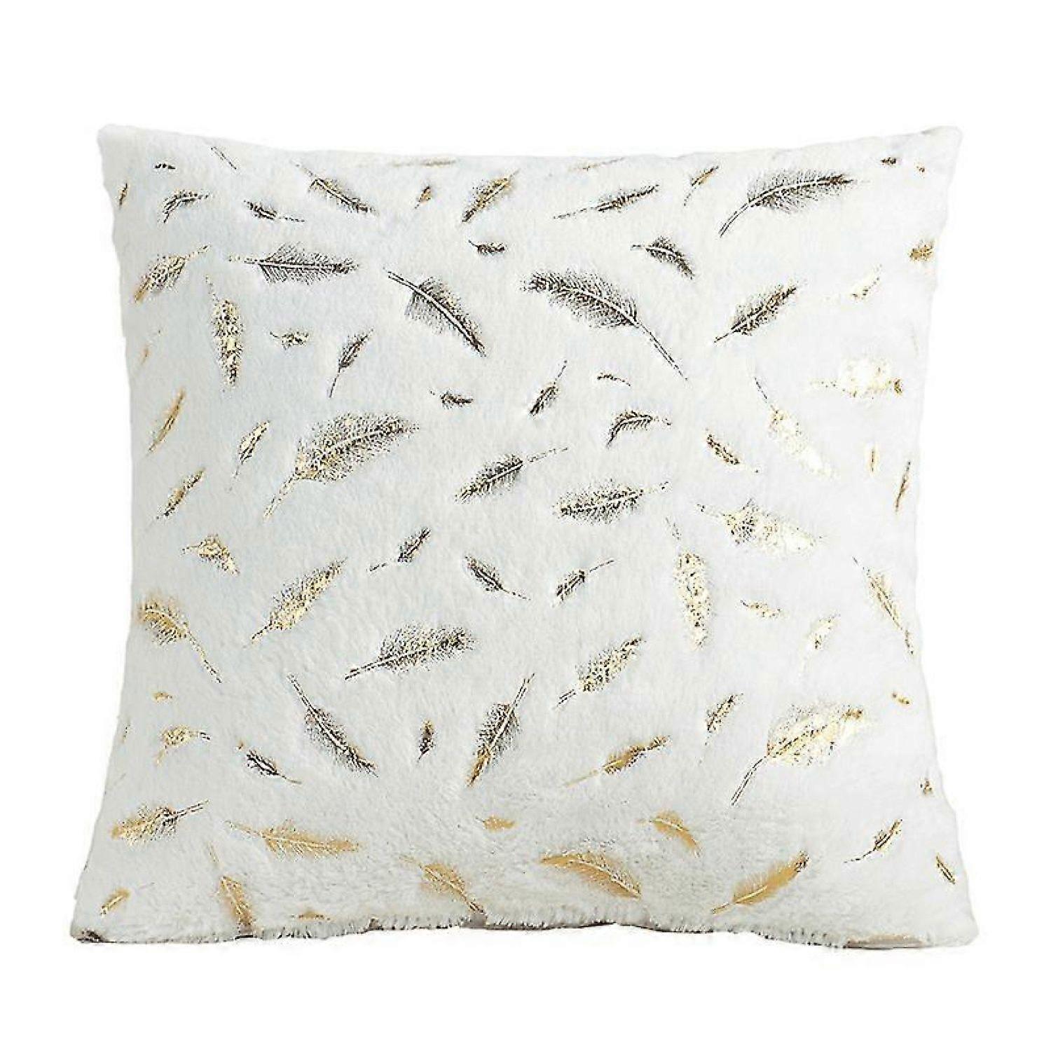 Plush Throw Pillow Cover with Feather Pattern, in Bedroom Ultra Soft Pillowcase for Sofa Bed Home Decor, 43x43cm, Set of 2 Pieces (White) -HK908