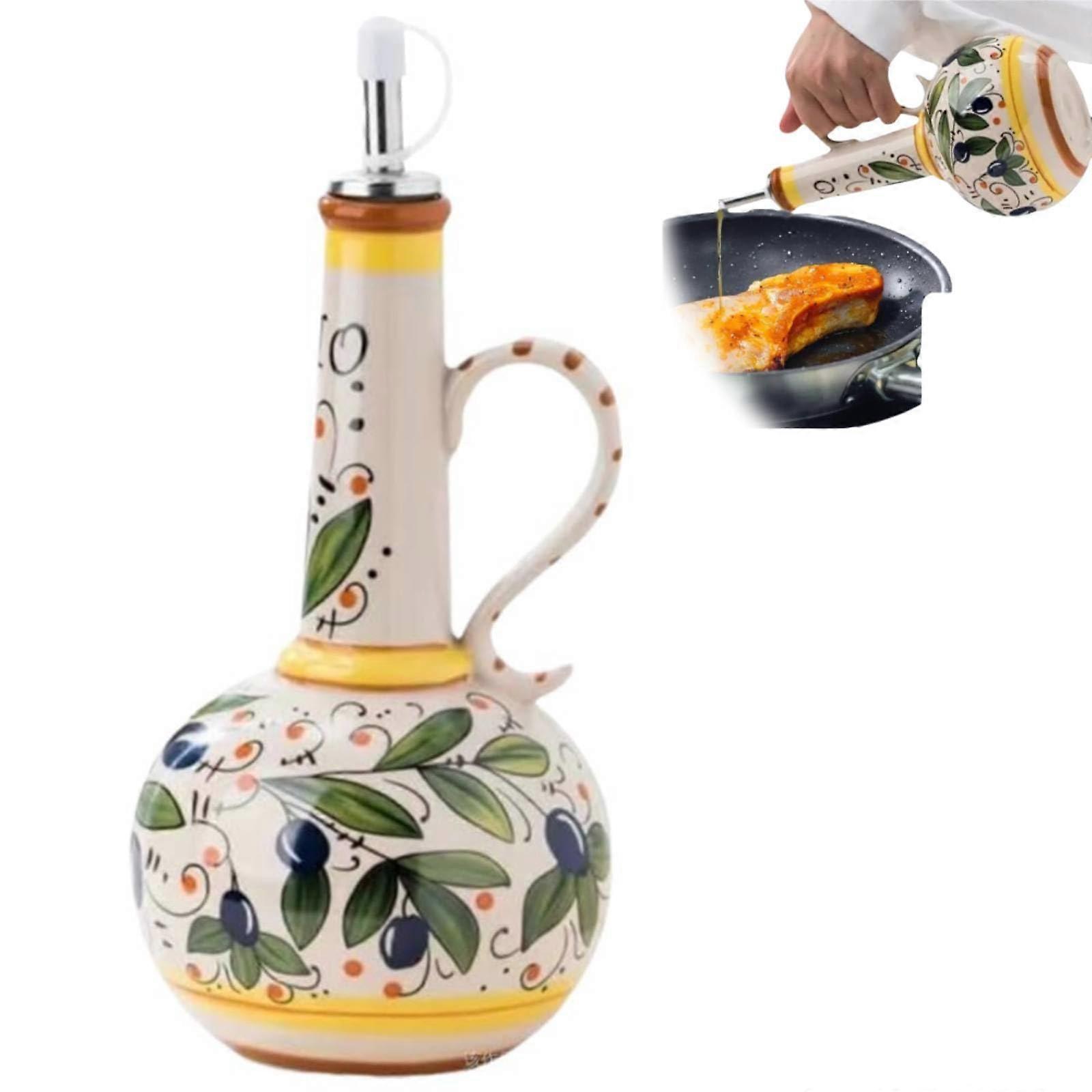 Italian Ceramic Olive Oil Dispenser Bottle 23 Oz Stoneware Cruet Hand Painted Stainless Steel Spout Oils Sauces Vinegar