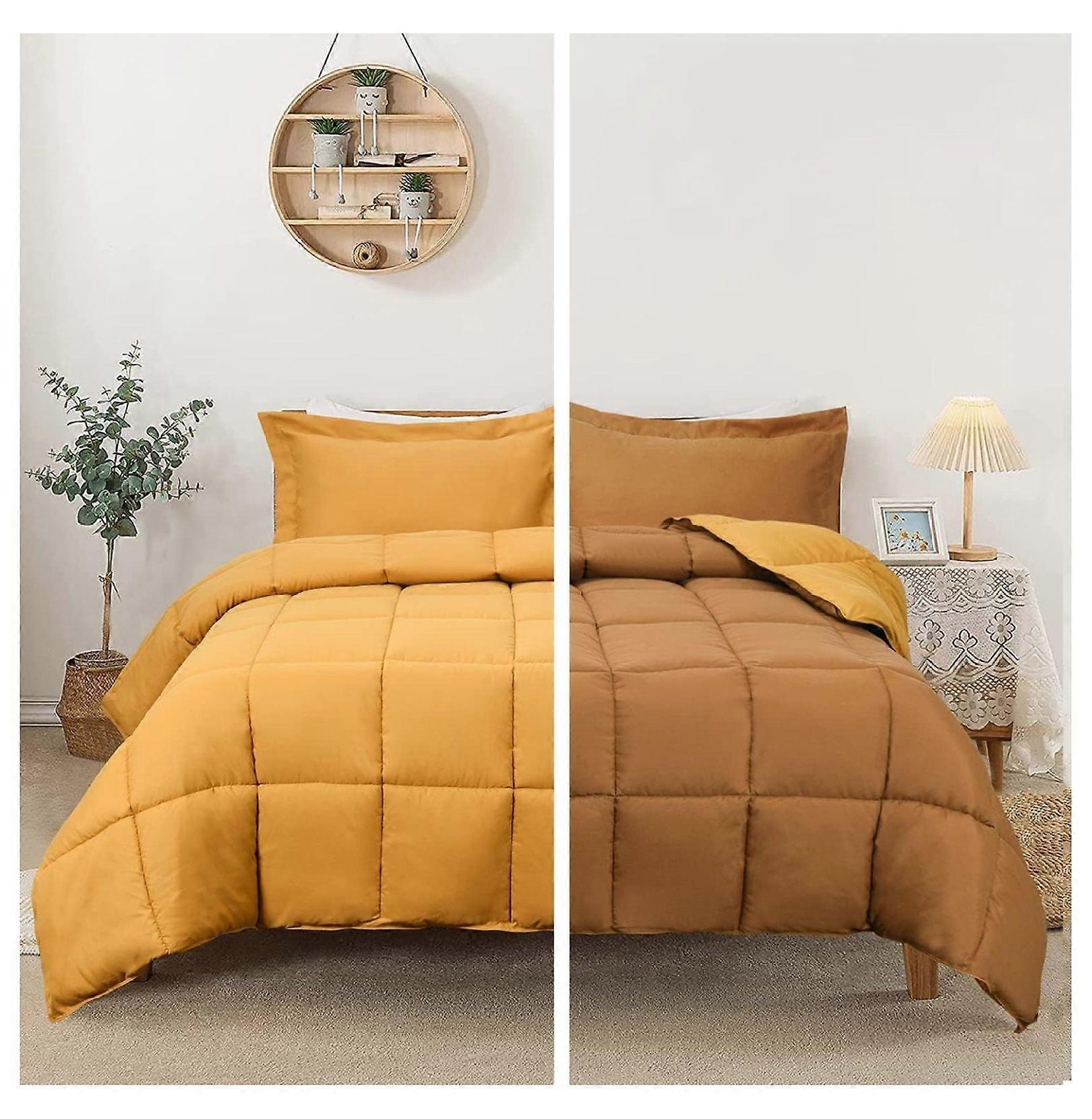 TiaGOC 3-Piece Reversible Mustard Yellow Down Alternative Comforter Set - Baffle Box, 4 Corner Tabs, 100% Bonded Filling