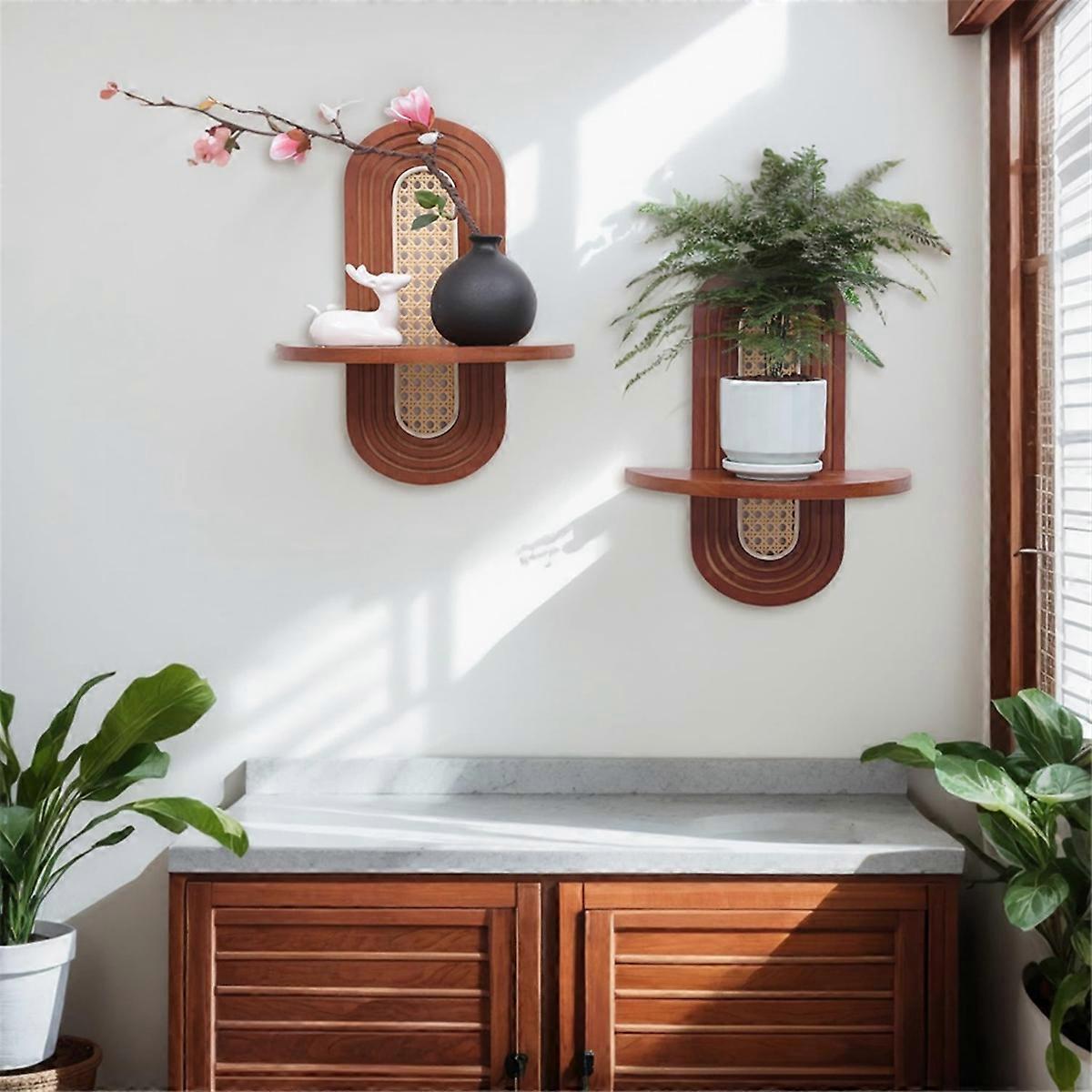 Wall Rattan Shelf Set of 2,Boho Rustic Wood Floating Shelves Wall Mounted, Small Plants Picture Ledg
