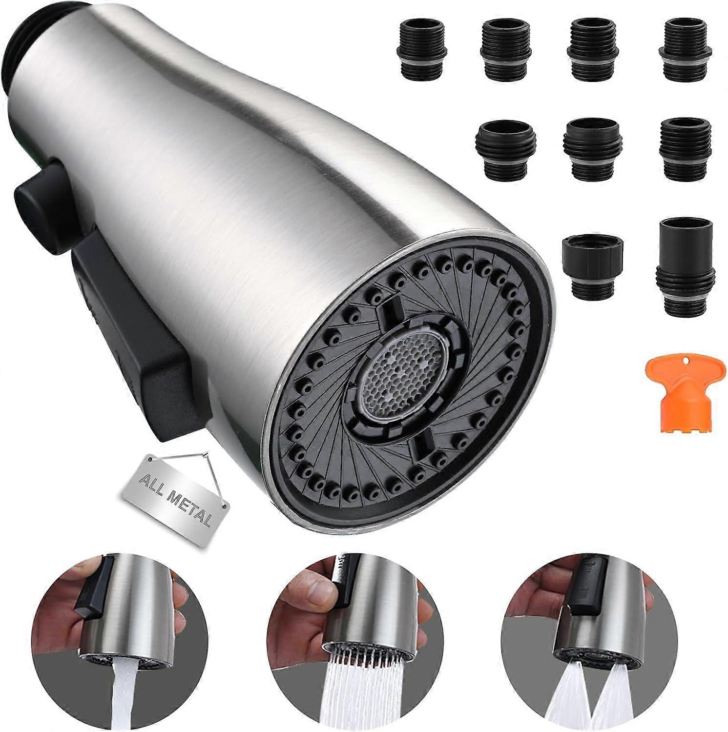 Kitchen Faucet Head Replacement, 3 Functions High Pressure, Brushed Gold Pull Down Sink Sprayer Replacement with 8 Adapters Compatible with Most Fauce