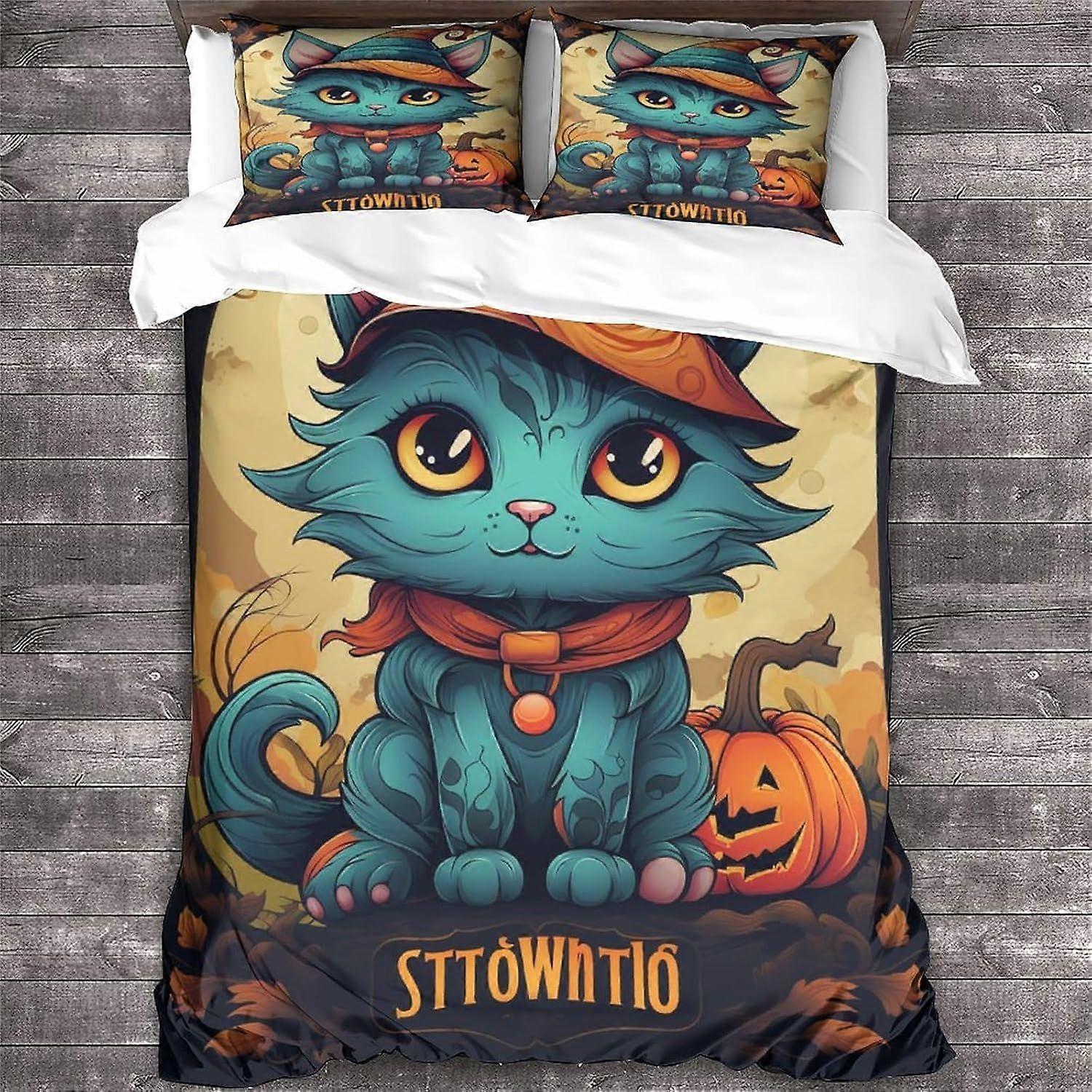 LikeEj Cat Cama Edredom Capa Halloween Impresso Colcha de Cama para Crianças Adolescentes Animal Roupa de Cama Set com fronhas King