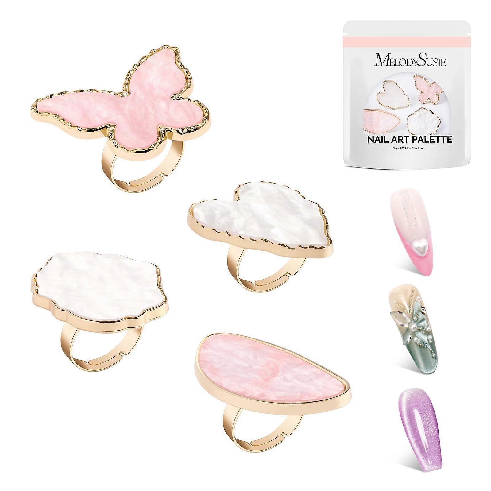 4PCS Adjustable Resin Nail Art Palette Ring Set with 4 Shapes, NonSlip, Easy Clean, Multicolor C Set