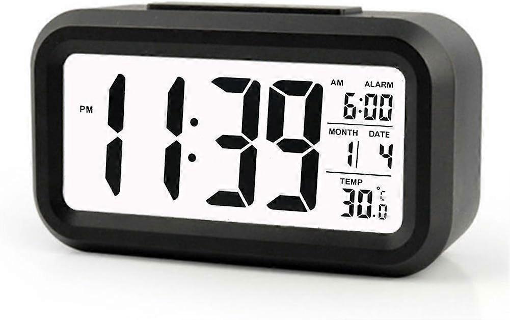 Creative Alarm Clock with Snooze Function, Backlit LED Digital Display, Date, Calendar, Temperature, Time, and Smart Indicators (Black)