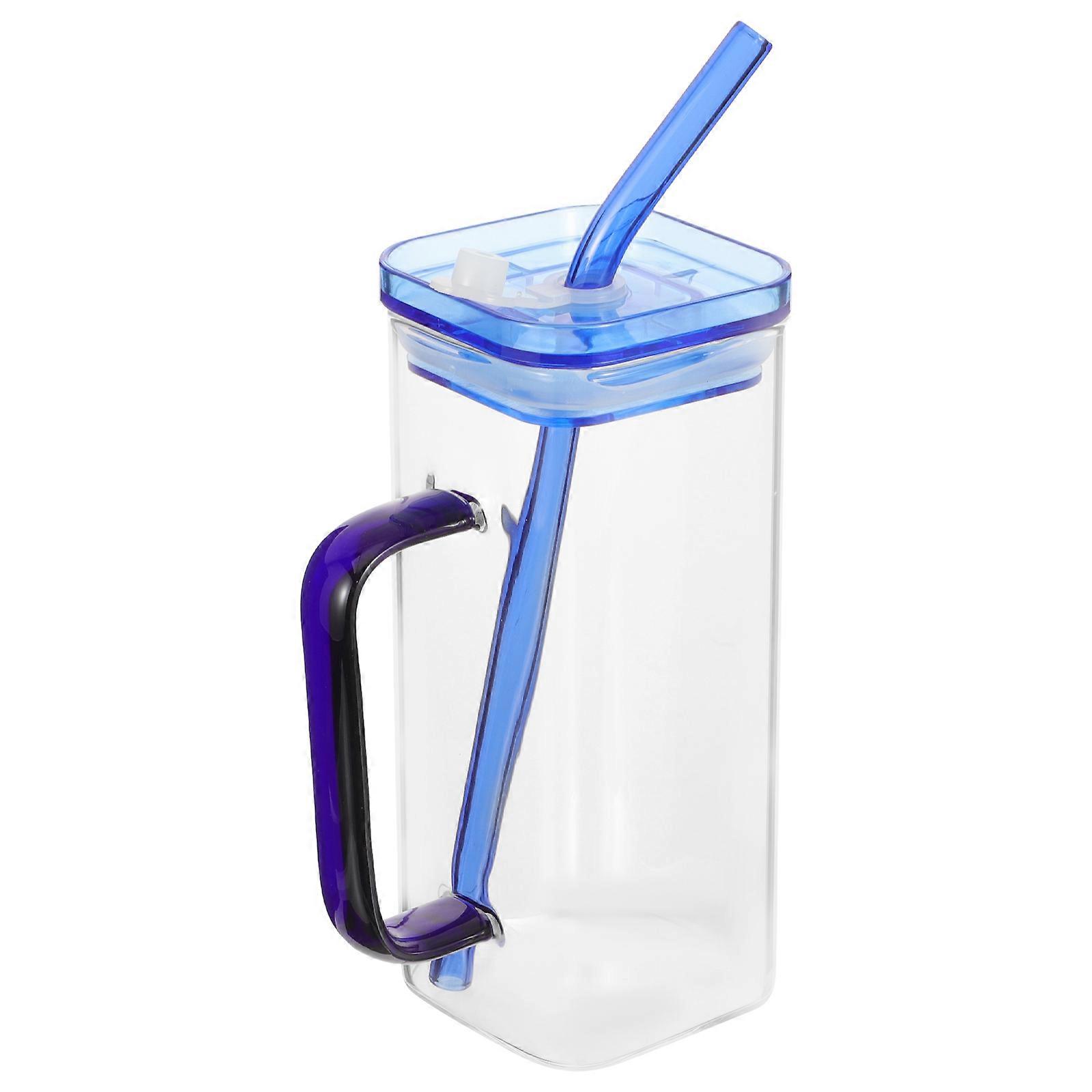 Blue Square Glass Cup for Iced Coffee Drinking 1Set with Simple Design