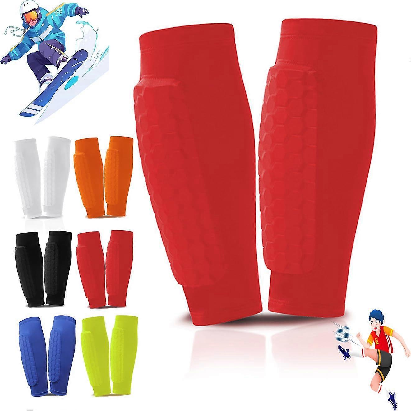 Shin Guards with Honeycomb Padding, Impact Resistant Calf Compression Sleeve for Skiing Red S