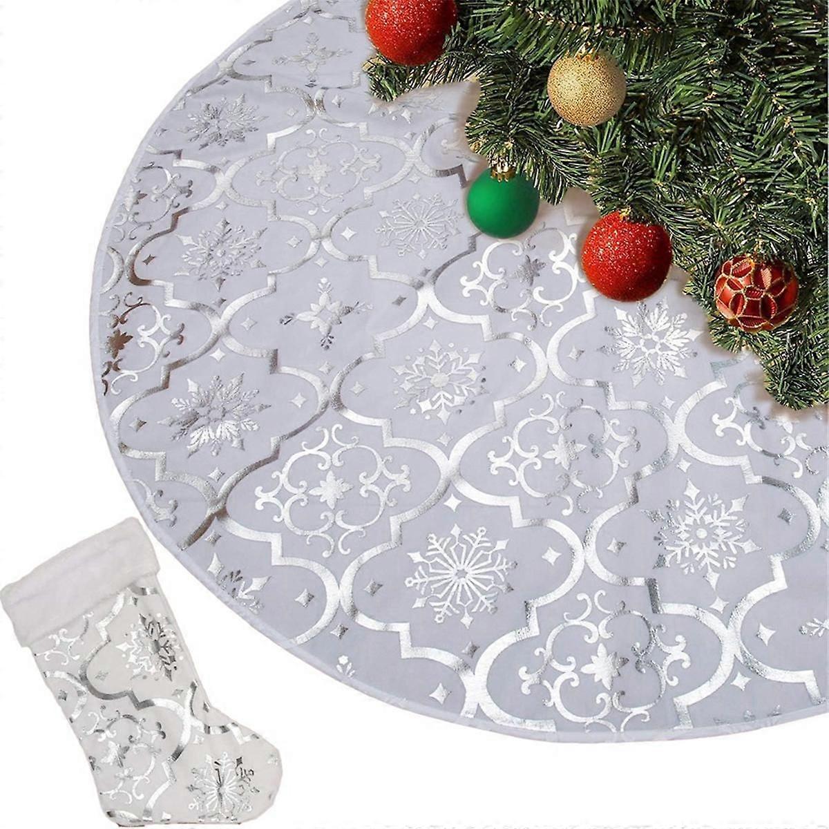 48 polegadas saia da árvore de Natal Xmas Soft Cover Mat Decor Snowflake Collar Farmhouse Árvore saia, prata