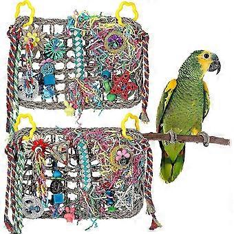 2 Pieces Bird Foraging Toys, Seagrass Woven Climbing Hammock Mat with Colorful Chewing Toys for Parakeets, Parrots, Small Birds
