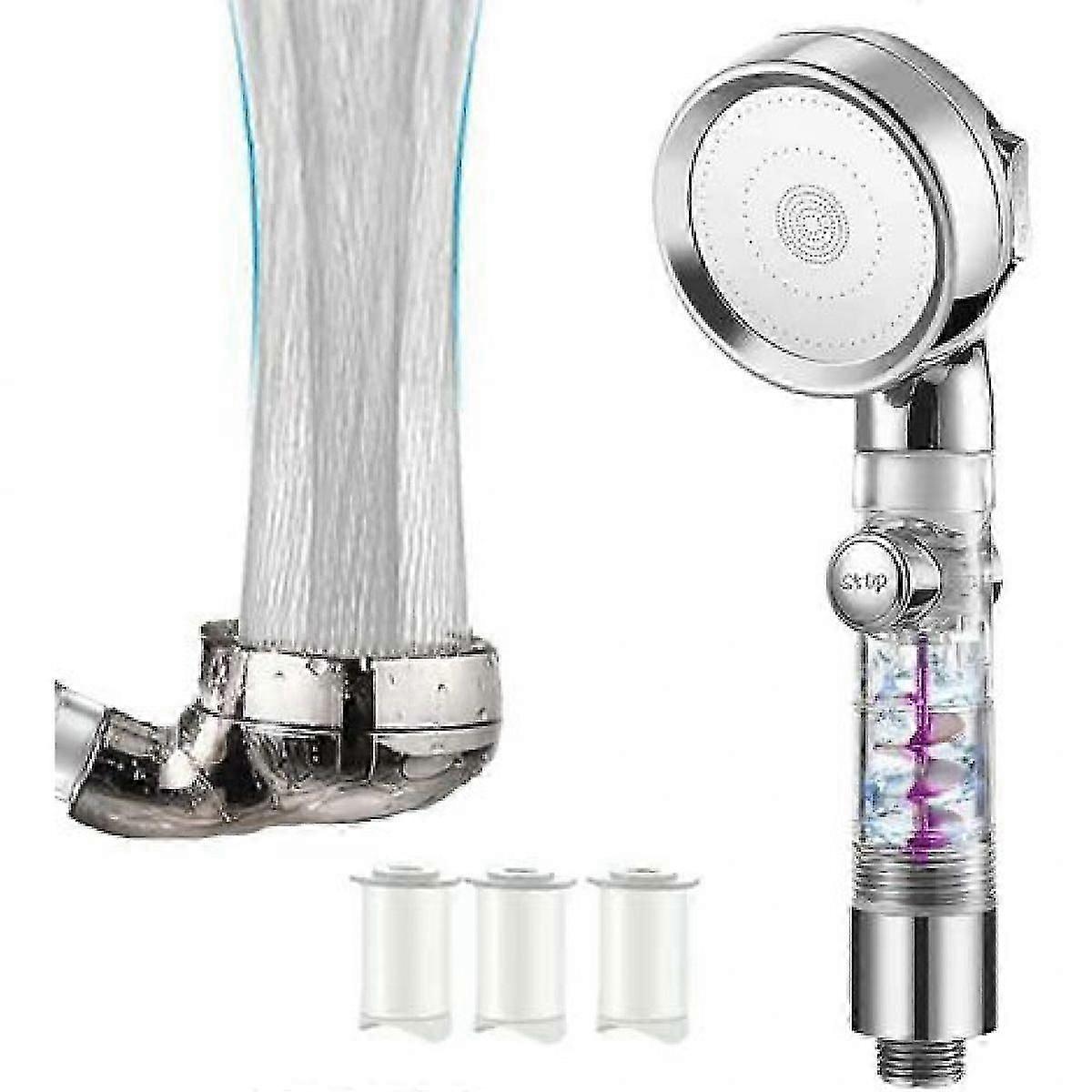 3 Modes Water Saving Palm Shower Head with On/Off Button, Filter, 3 Replaceable PP Cottons - Silver