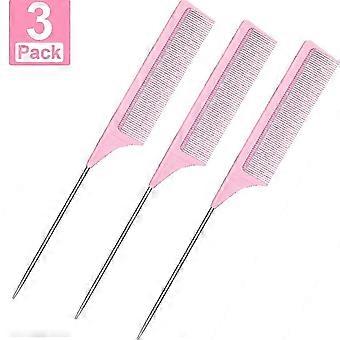 3 Packs Rat Tail Comb Steel Pin Rat Tail Fibre de carbone Résistant à la chaleur Taquineries Peignes avec Pintail en acier inoxydable (rose)