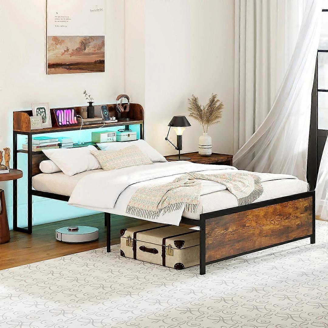 Double Bed Frame with LED Lights & Power Outlets