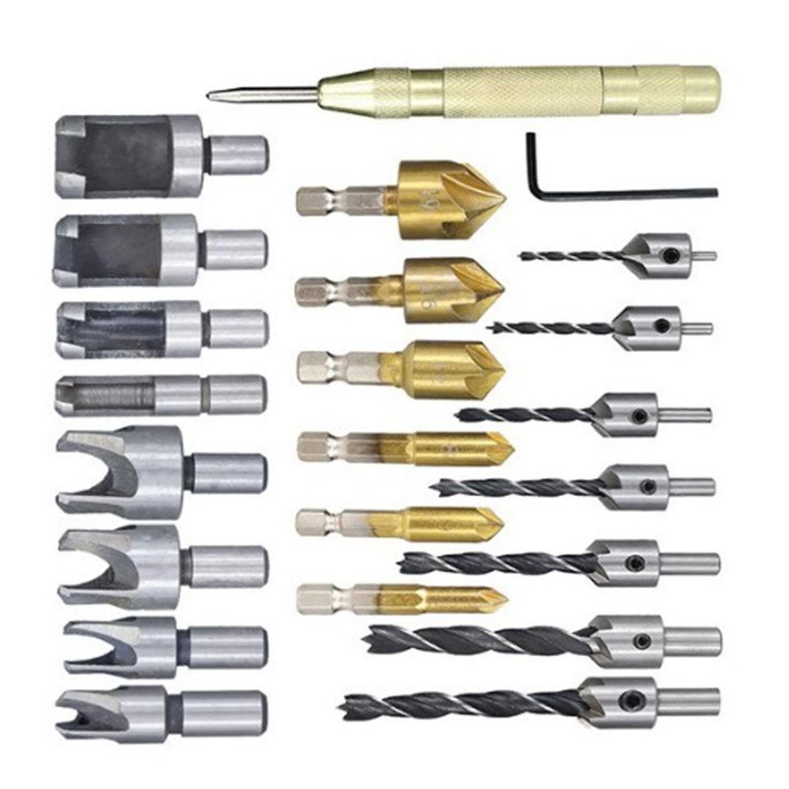 23PCS Hole Drilling Bit Set Stainless Steel Brass 1/4in Hex 3/8in Round Countersink Drill Bit Set for Woodworking 