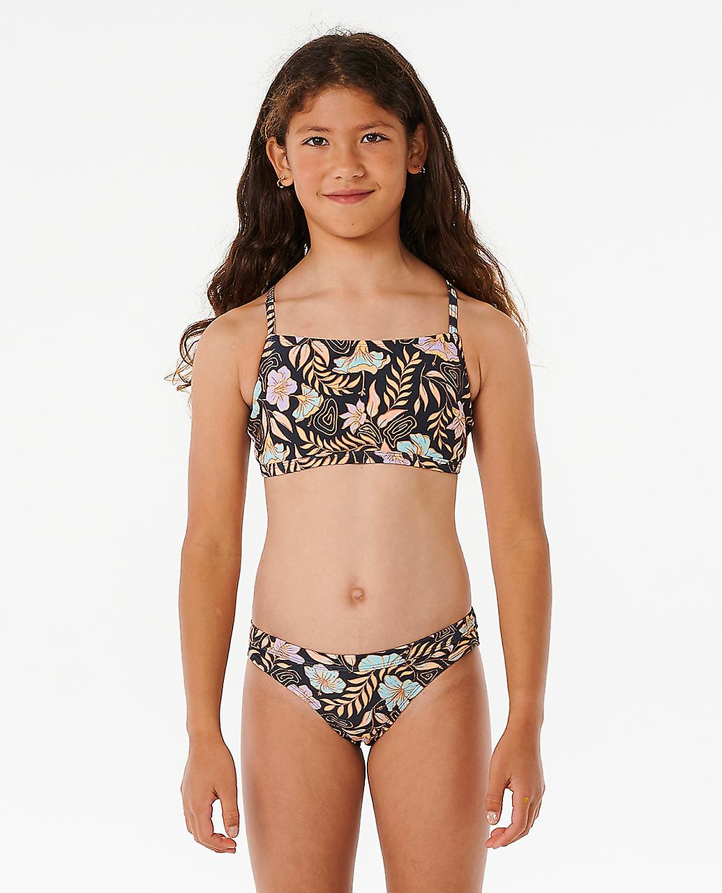 Rip Curl Girls Tropics 3 Piece Swim Surf Bikini Rash Vest Set - Washed Black