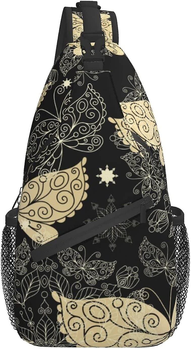AF01404 musta vintage Mandala Butterfly Flower Sling Bag Kevyt vaelluspäiväreppu Crossbody olkareppu Matkarintapakkaus Adulille