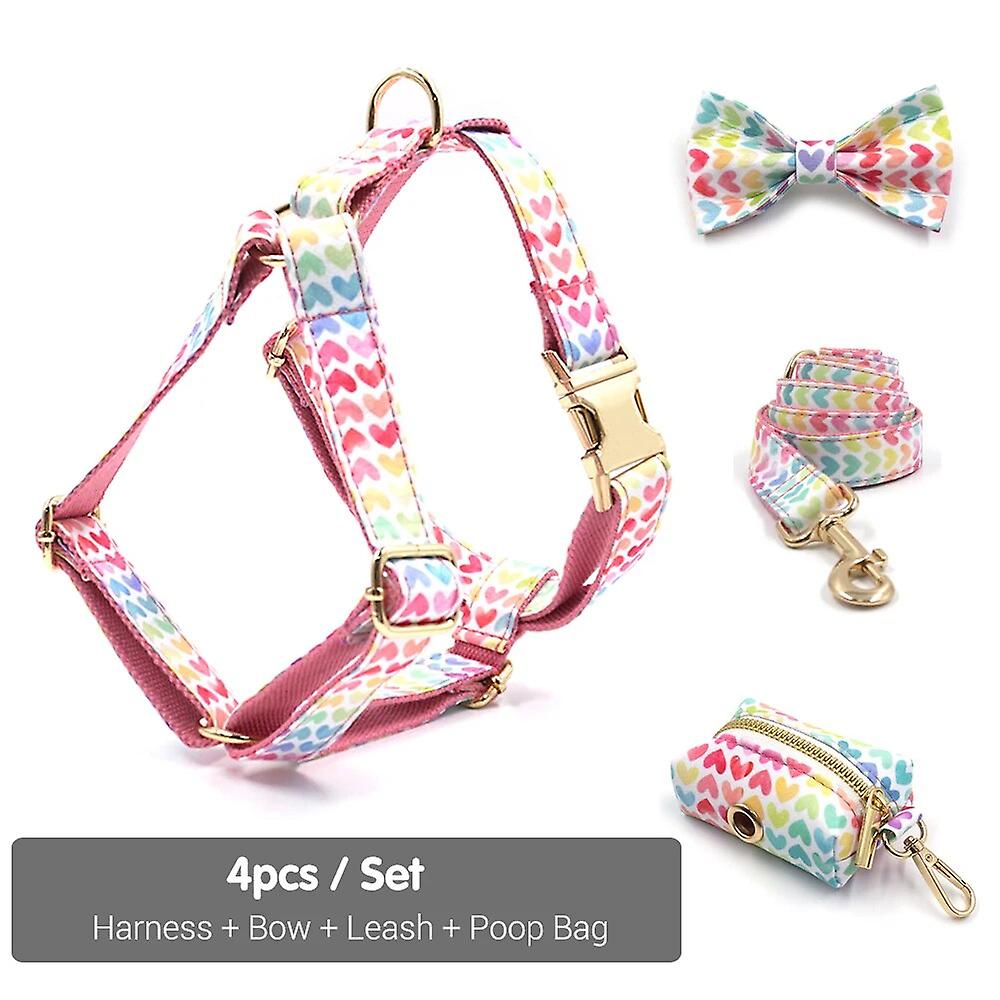 Personalized Harness For Small Dogs 5pcs Free Combination Dog Collar With Name Engraved Pink Hearts Pattern Puppy Collar Leash