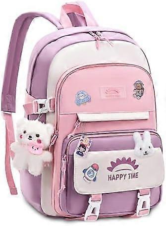 20L Kawaii Girls' School Bag with Pendant – Lightweight, Waterproof Nylon Backpack for Kids Ages 8-14