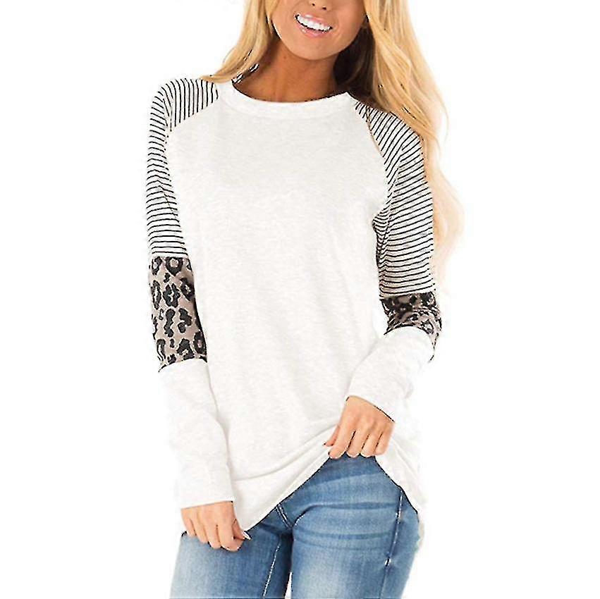 2023 Women's Leopard Print Color Block Tunic Round Neck Shirts Striped Causal Tops