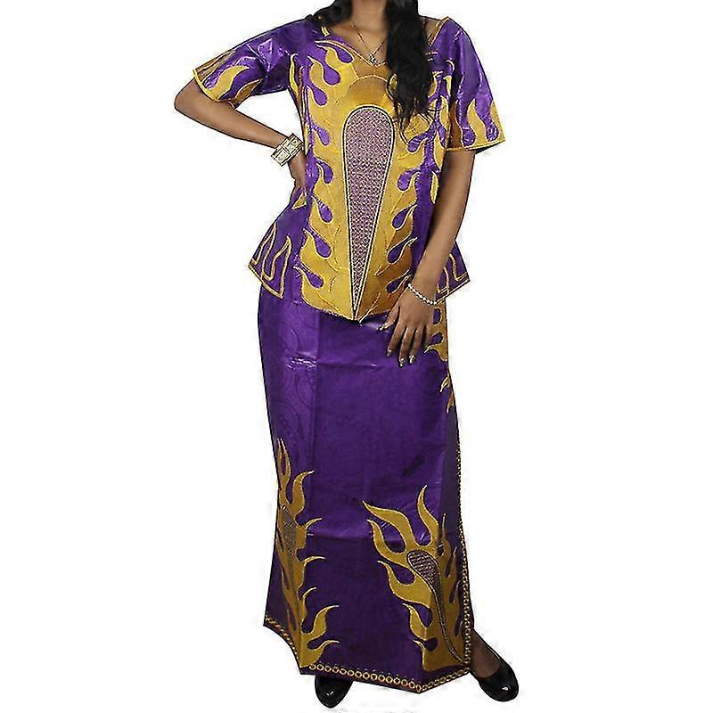 Tidoirsa שמלות אפריקאיות לנשים רקמה עליונית שרוולים קצרים עם חצאית מקסי (3 חלקים)