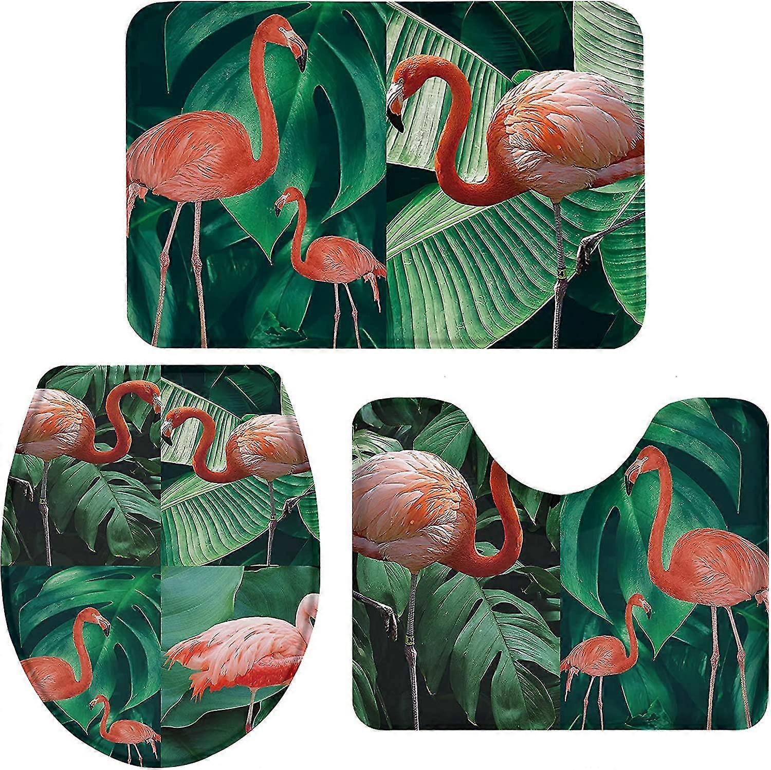 Bath Rug Set 3 Piece Bathroom Rugs Leaves Summer Tropical Plant Flamingo Floor Mat U-shaped Contour Rug And Toilet Lid Cover,non Slip Bath Mats Doorma