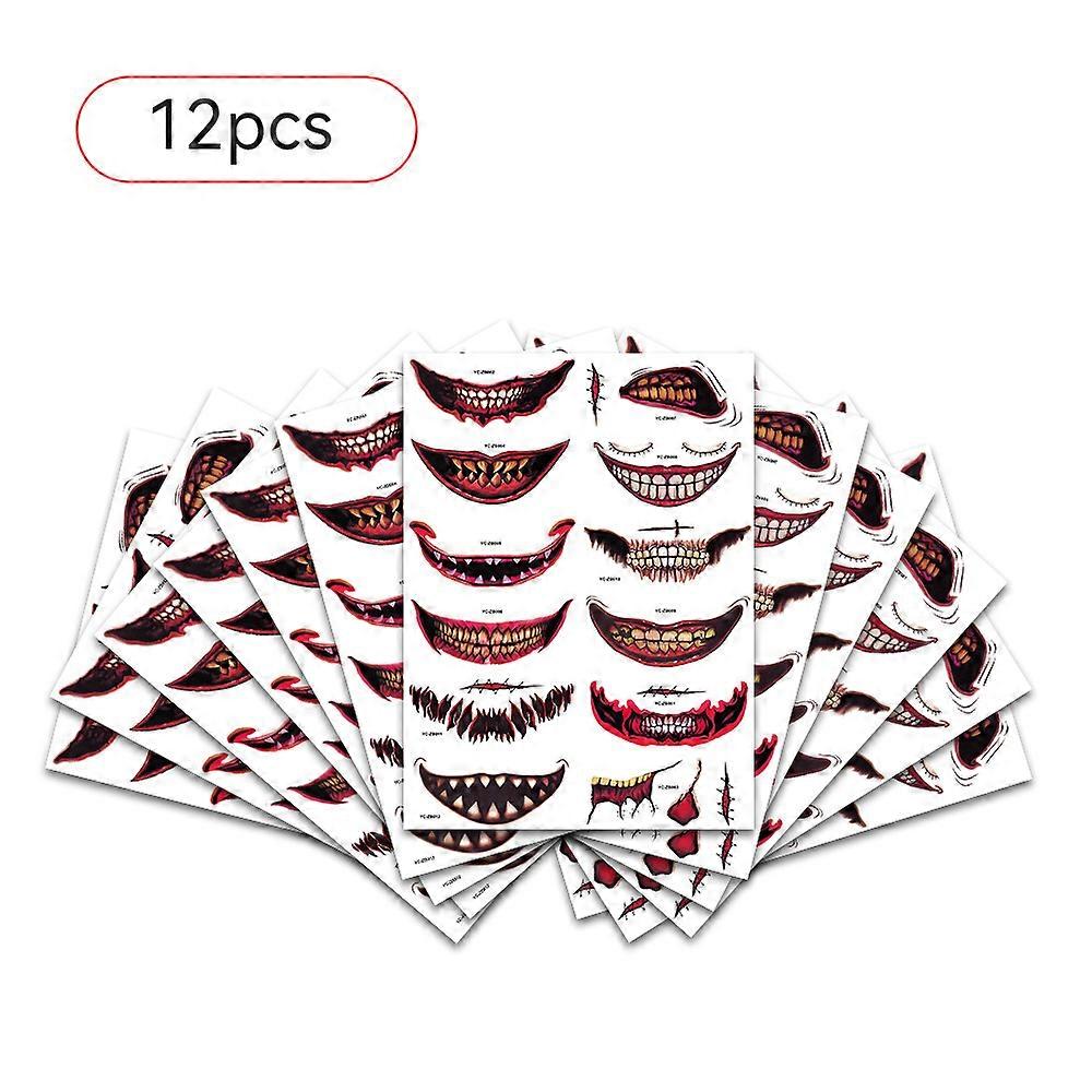 ליל כל הקדושים מדבקות קעקוע זמניות עמיד למים שפתי אימה מדבקות DIY פה גדול קעקועים מזויפים צלקת איפור פנים מצחיק מיוחד