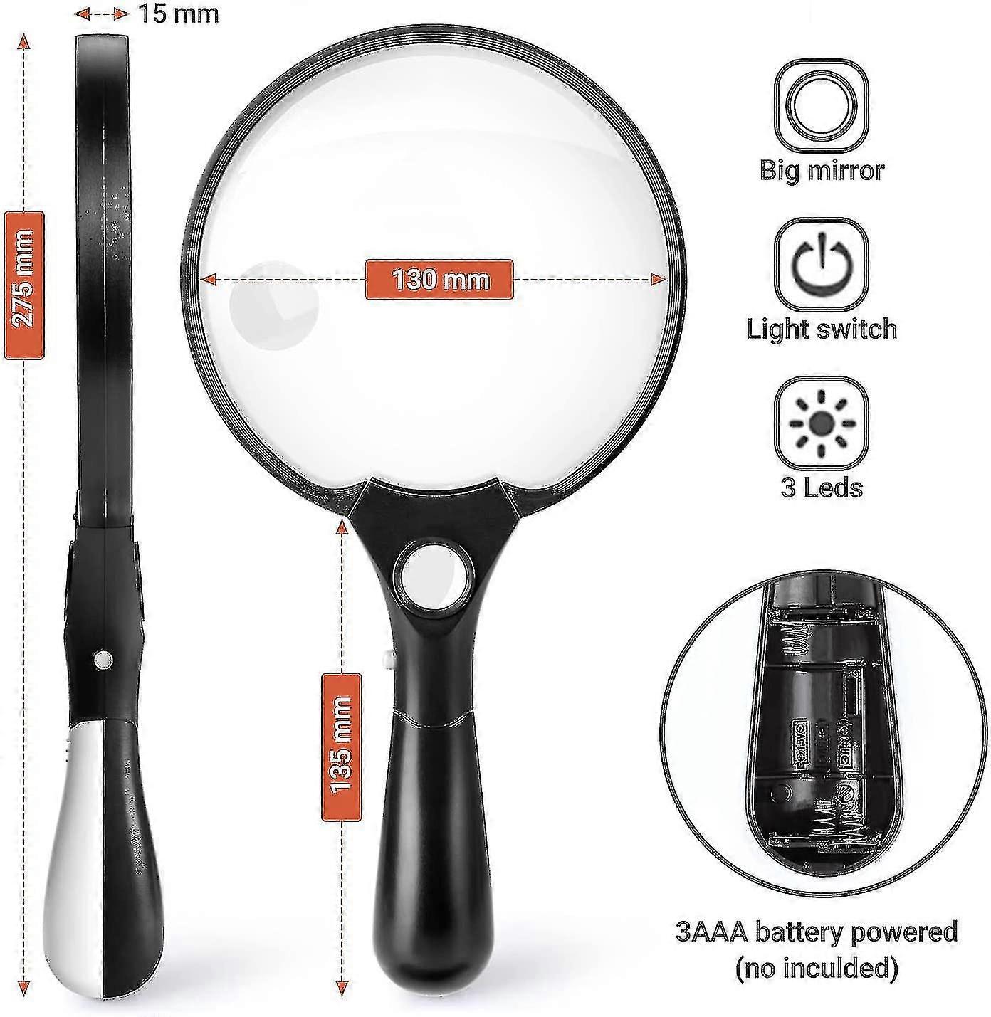 Extra Large Led Handheld Magnifying Glass With Light - 2x 4x 25x Lens Zoom Lightweight Shatterproof Magnifiers