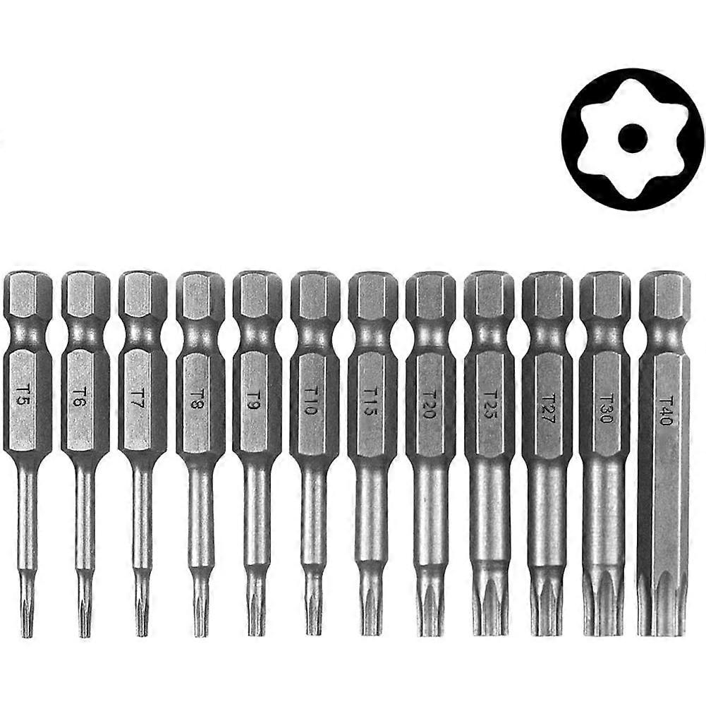 12Pcs/Set 50mm 1/4in  Hex Driver Bits Torx Head Screwdriver Bits Magnetic Kit T5-T40