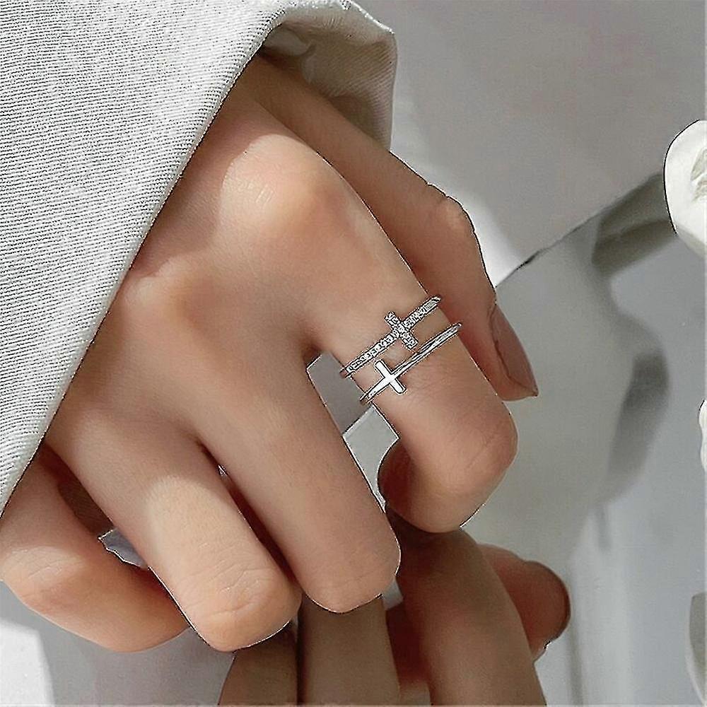 Horizontal Double Line Cross Open Ring Thin Band Hollow Adjustable Finger Rings Gift