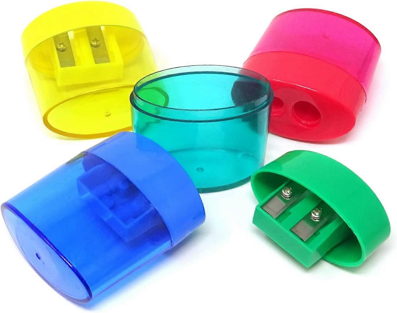 4PCS Plastic Double Hole Manual Pencil Sharpeners Oval Shaped Sharpeners With Cover and Receptable for Regular and Over size Pencil Crayons (4 Color)