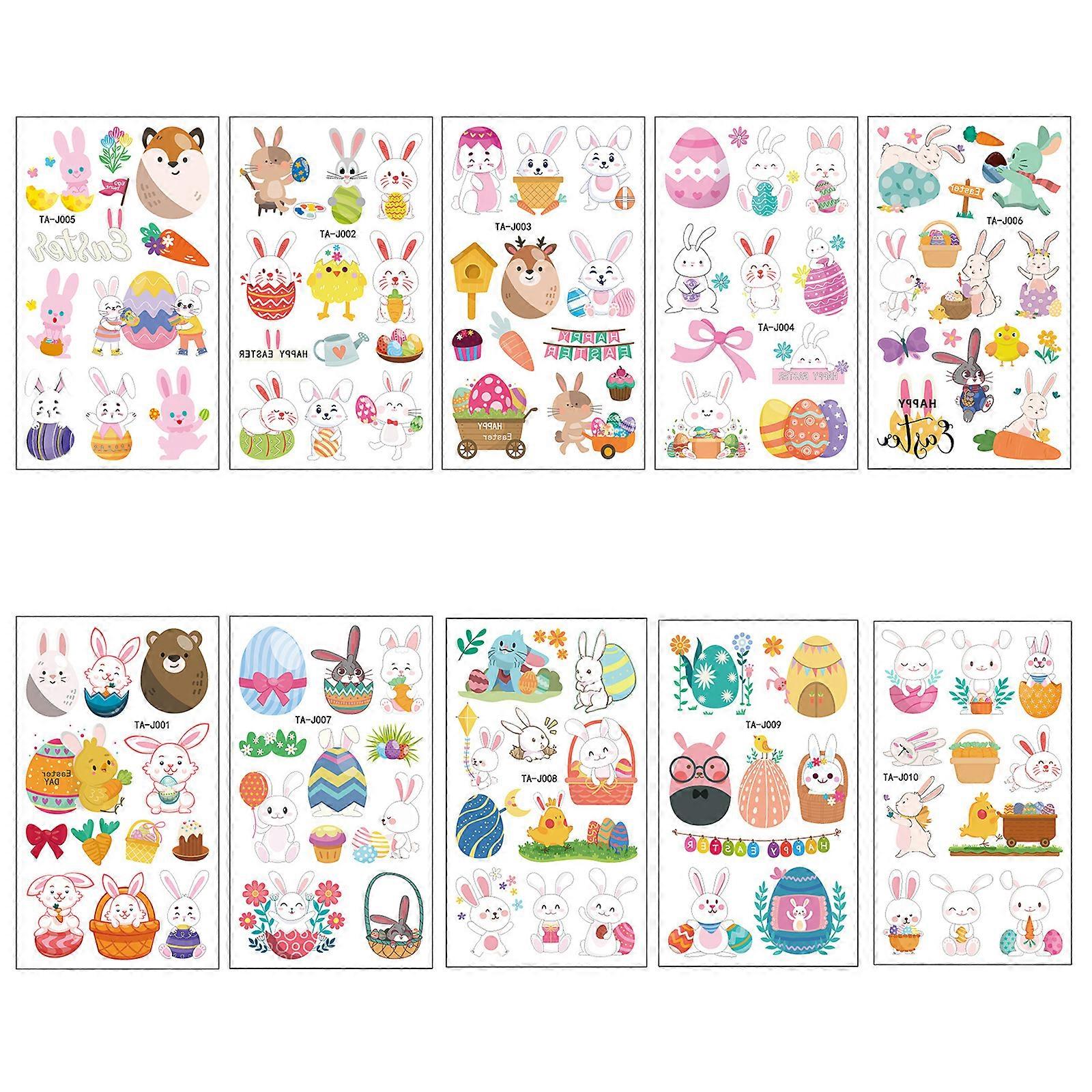 10 Sheets Easter Tattoo Stickers Easter Bunny Chicks Eggs Temporary Tattoos