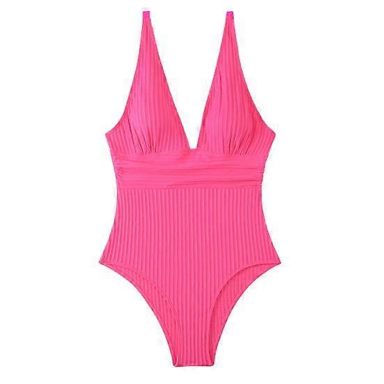 Women Summer Monokini Deep V-Neck Sleeveless Ribbed One-Piece Swimsuit Breathable Solid Color Quick-Drying Bathing Suit