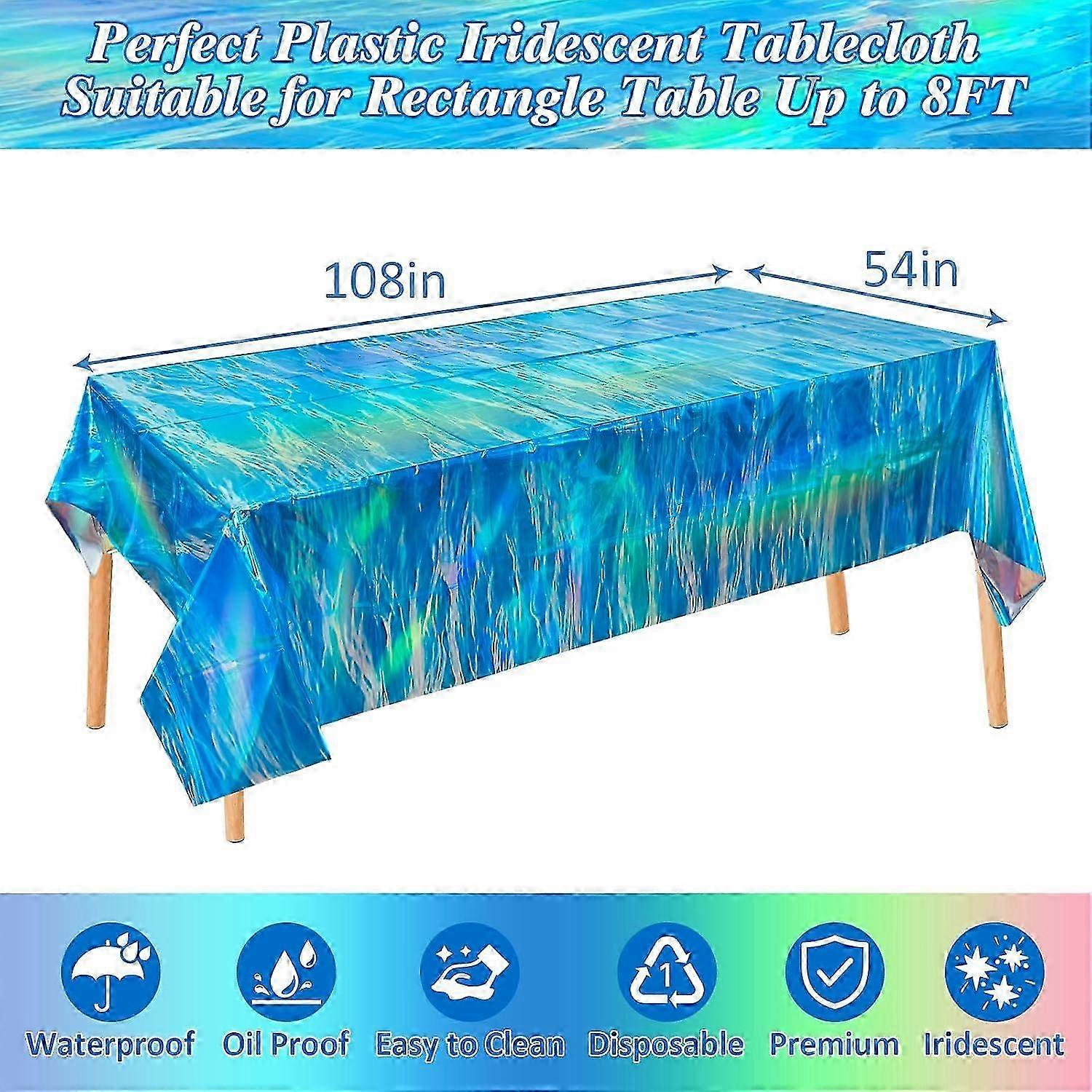 Iridescent Rectangle Tablecloths, 4Pcs Disposable Blue Laser Shiny Iridescence Plastic Table Covers for Birthday Disco Party Decoration