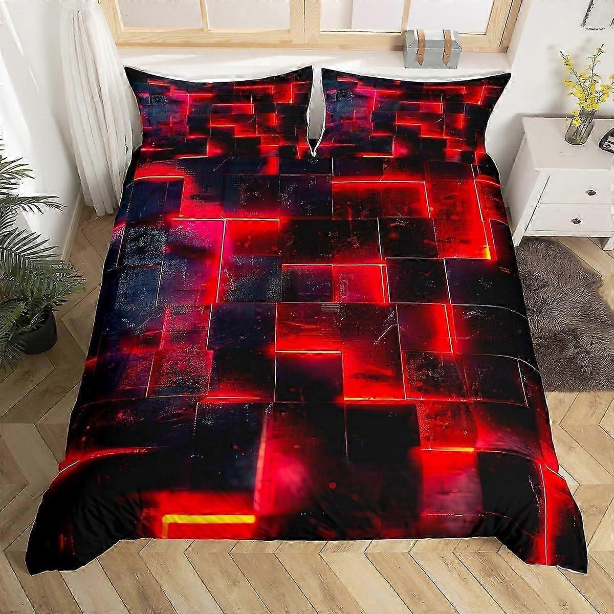 J3813 Bed Sheets Homewish Black and Red Duvet Cover Modern Abstract Bedding Set, 3D Glowing Plaid Comforter Cover Gradient Grid Bed Set, Neon Square B