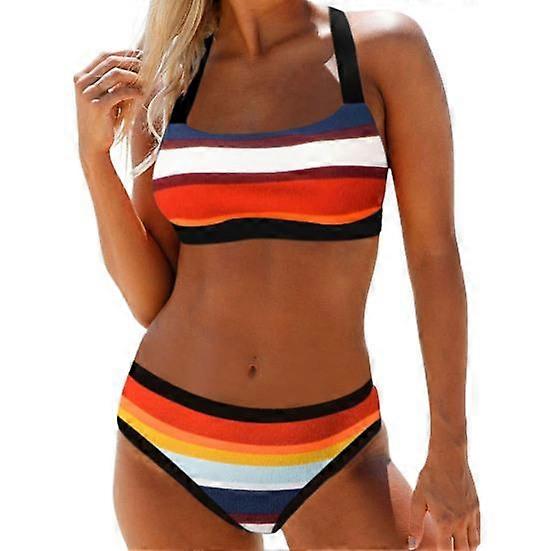 2 Pcs/Set Women Bikini Set Colorful Stripe Print U Neck Contrast Color