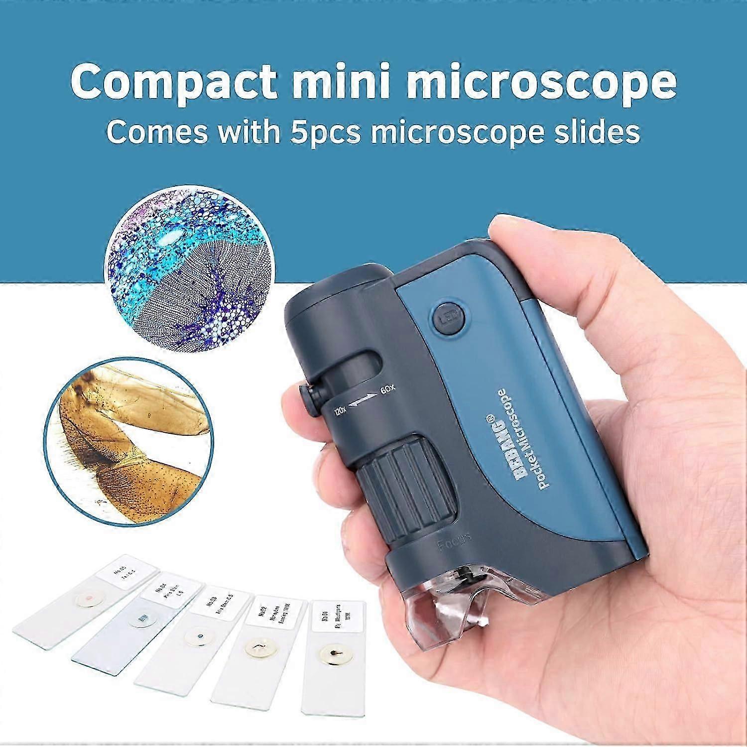 Pocket Microscope, 60x-120x Handheld Mini Microscope Kids With Led Lights, 5 Slides Specimens, Portable Microscope For Kids Student Adults Microbiolog