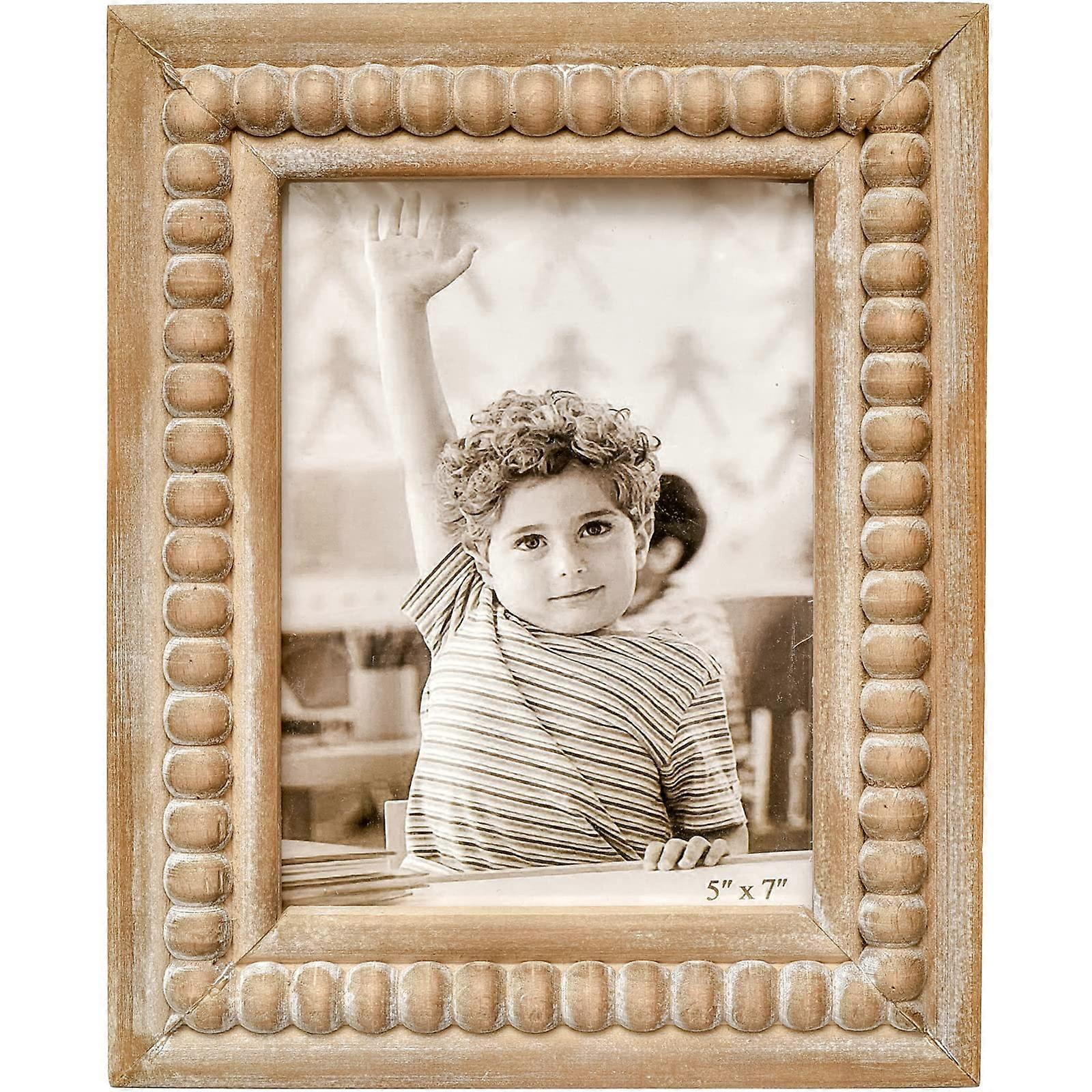 Large Rectangular Natural Wooden Picture Frame 5x7 with Decorative Beads for Farmhouse Style Home Decor