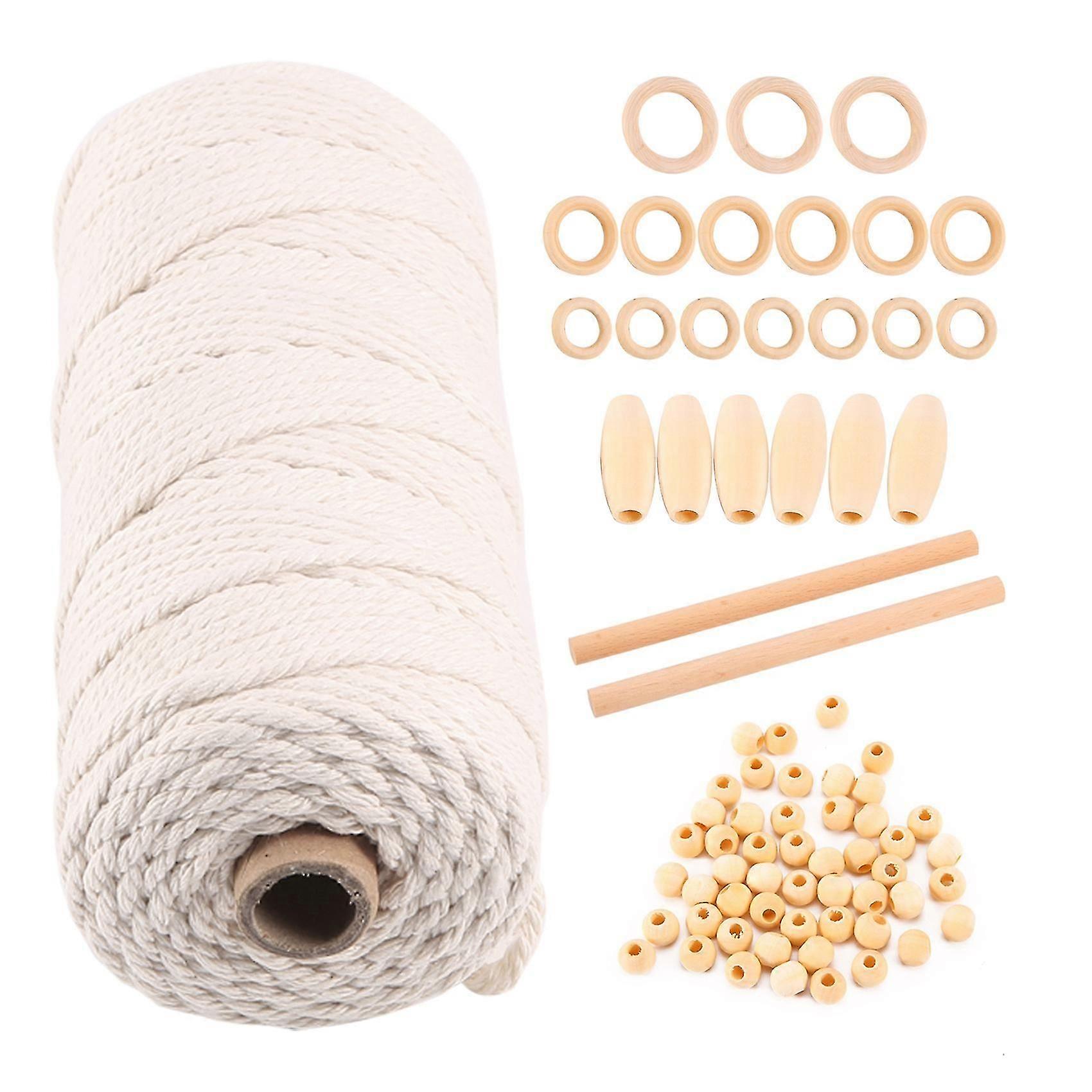 Macrame Cord Natural Cotton Rope 3mm with Wood Ring Wood Stick for DIY Teether Macrame Kit Wall Han