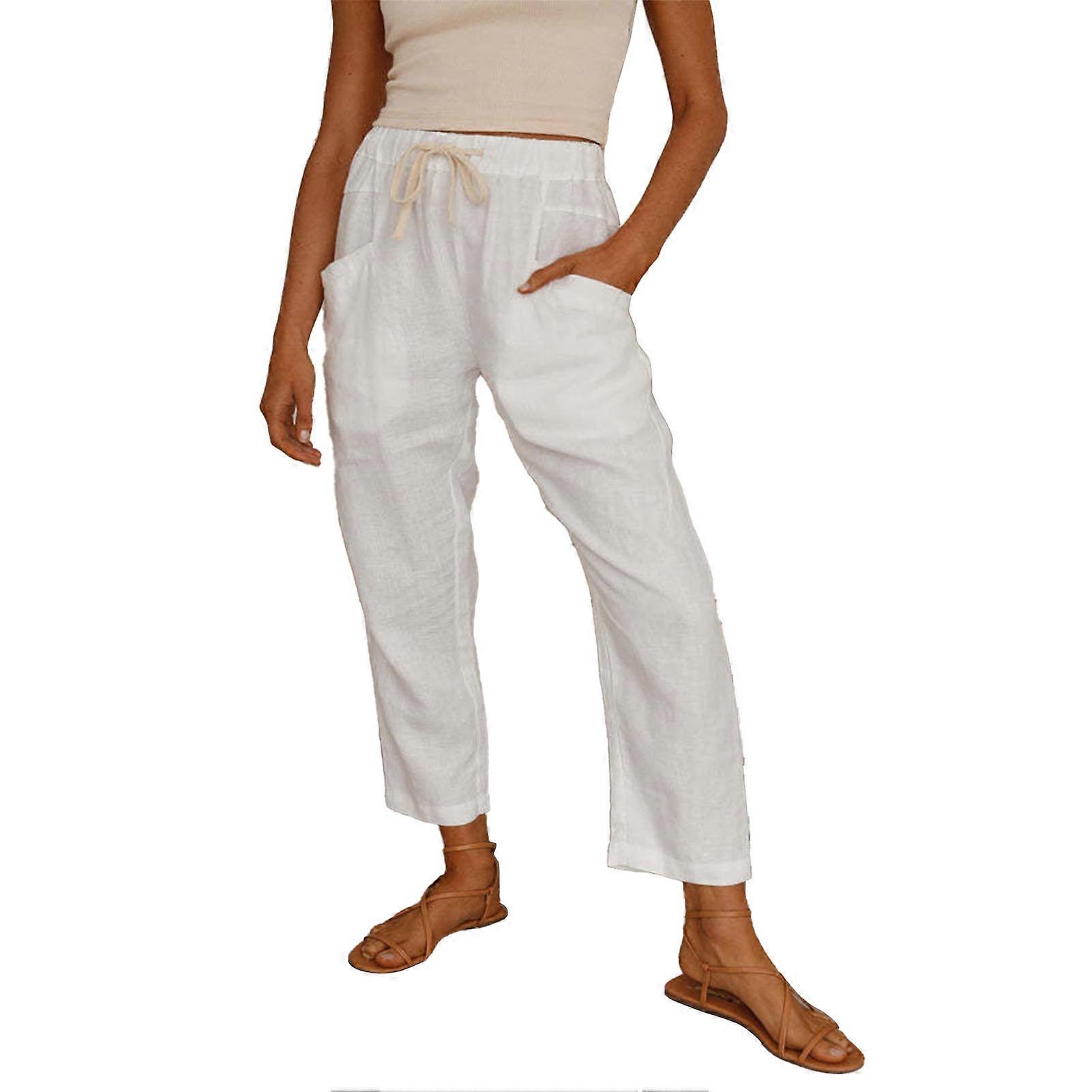Women Tapered Pants with Side Pockets Drawstring Plain Color Casual Loose Fit Lounge Slacks