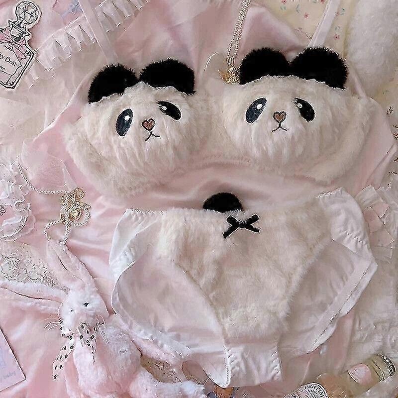 Sexy Lingerie Cute Panda Underwear Set Bow Plush Trim Push Up Bra Panties Dres