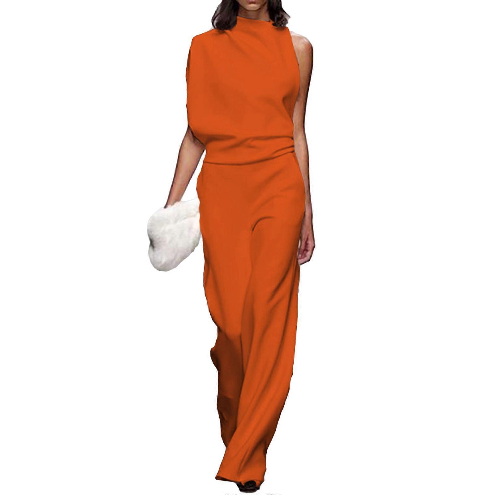 Womens Loose Casual Senza Maniche Una Spalla Tute Estate Gamba Larga Pagliaccetti con Tasche Arancione XXL