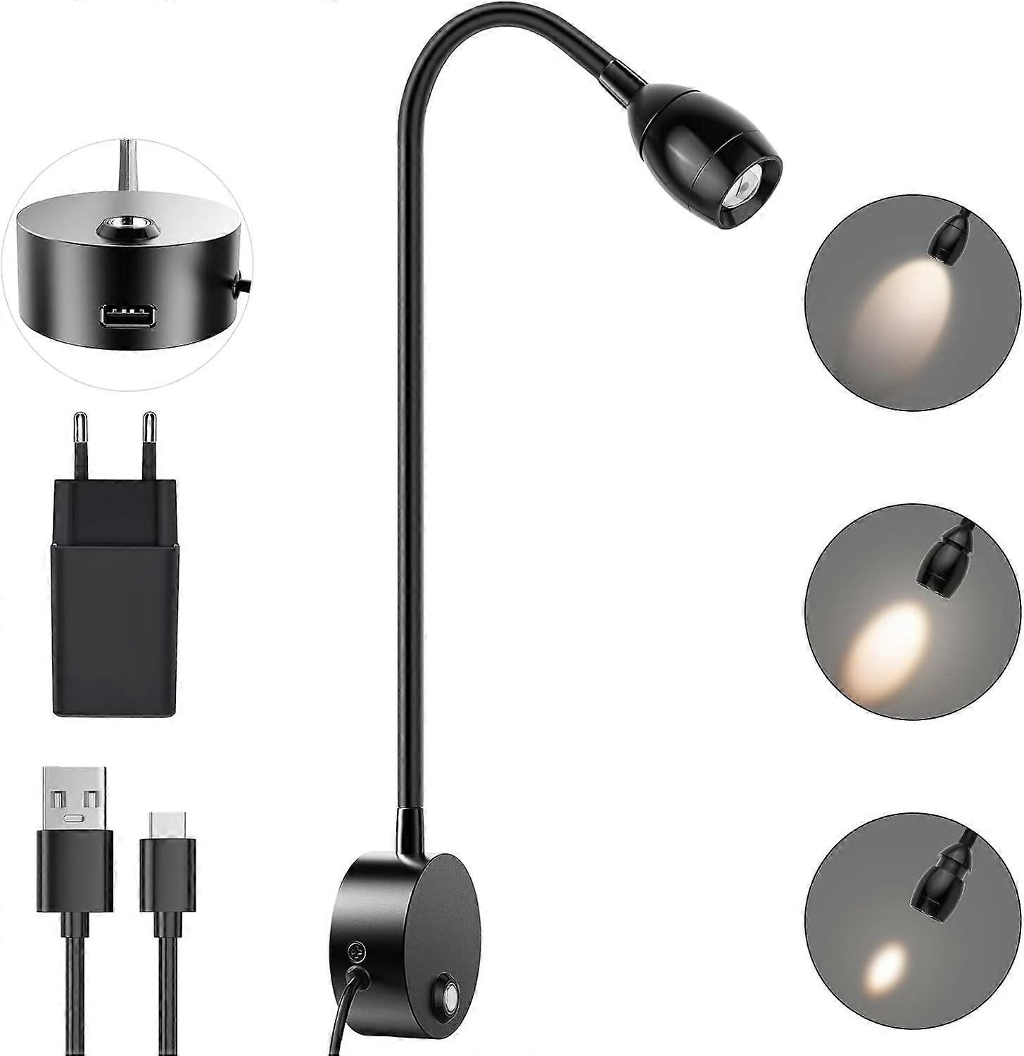 Wall Mounted Reading Lamp, LED Bed Light, Touch Switch, Focusable, 3 W Touch Dimmable, Plug-in Flexible Gooseneck USB Charging Port, Bed Lamp, Ideal f