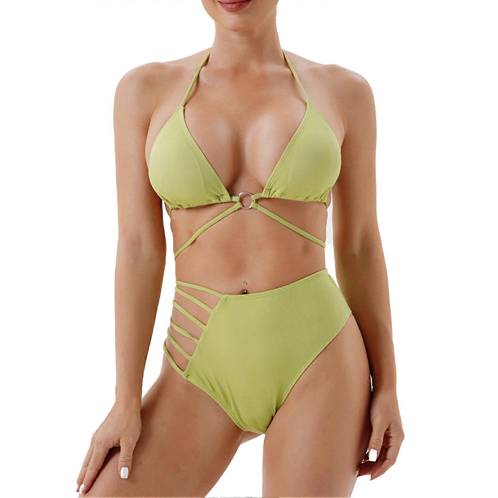 2 Pieces Bikini Set Fast Drying Backless Solid 2 Pieces Ring Linked Bikini for Women Beach Holiday